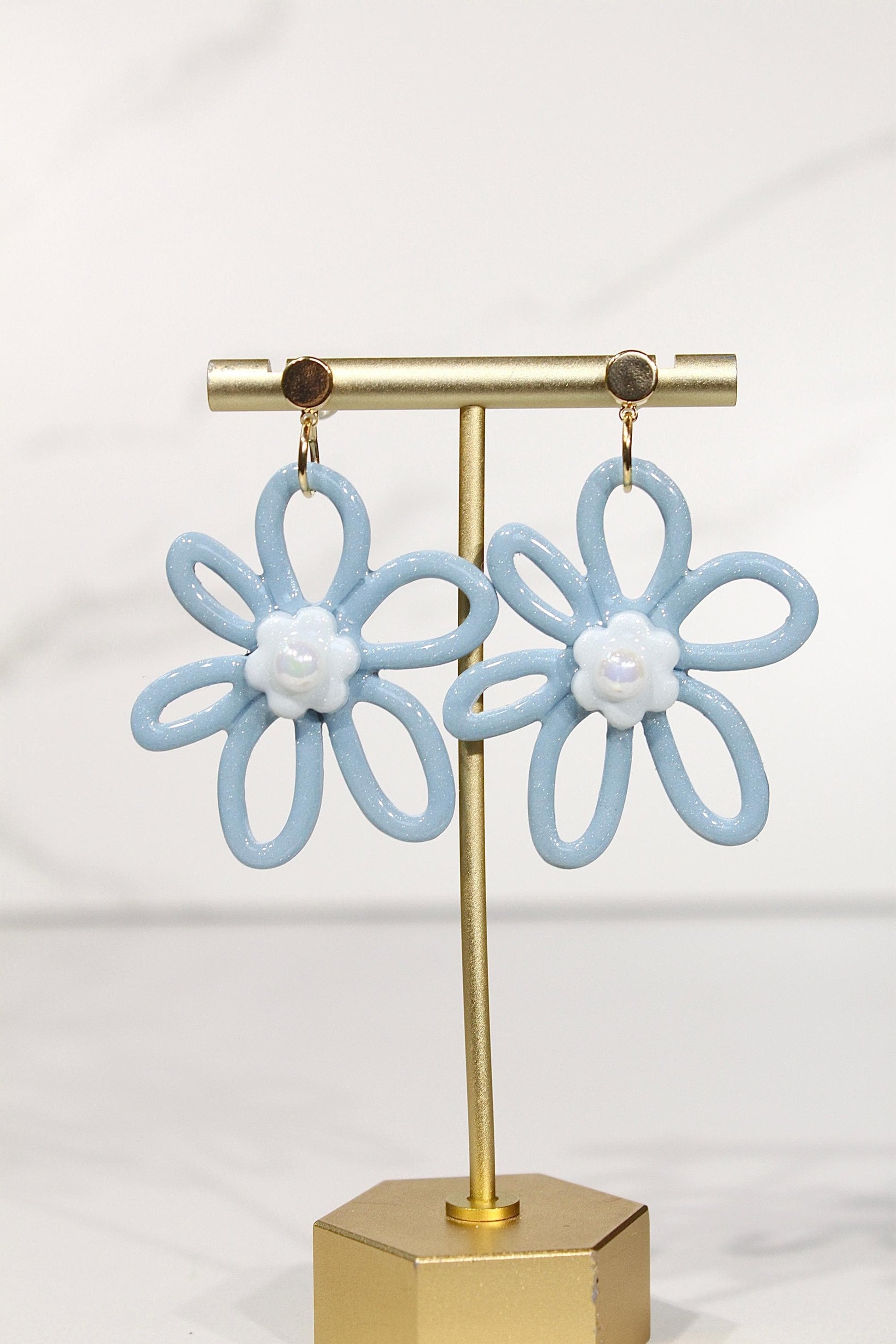 Whimsy Bloom Denim Flower Statement Earrings | Handmade Polymer Clay Earrings