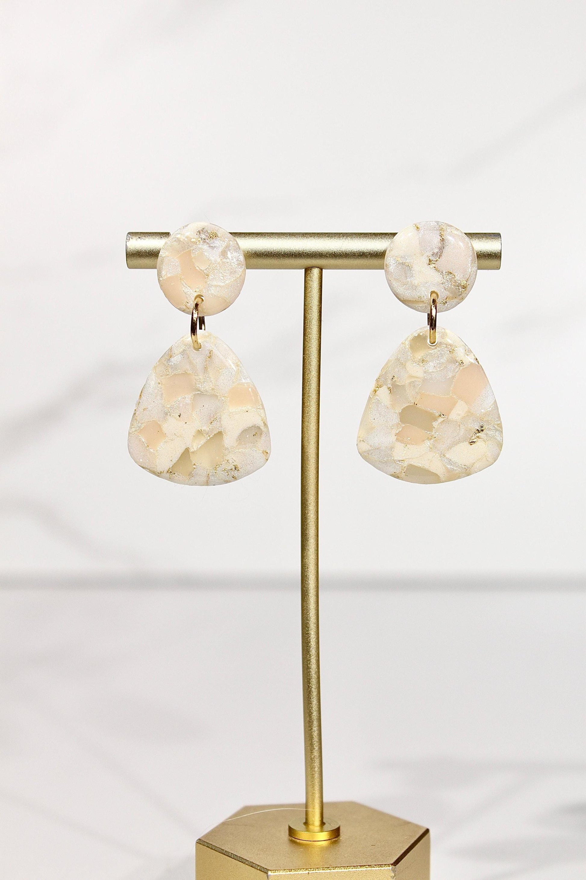 Champagne Pearl Marble Drop Earrings | Handmade Polymer Clay Statement Earrings