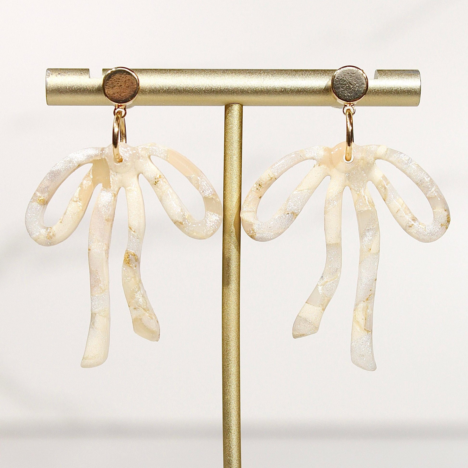 Champagne Pearl Marble Bow Statement Earrings | Handmade Polymer Clay Earrings