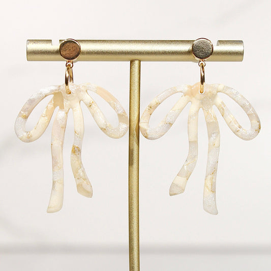 Champagne Pearl Marble Bow Statement Earrings | Handmade Polymer Clay Earrings