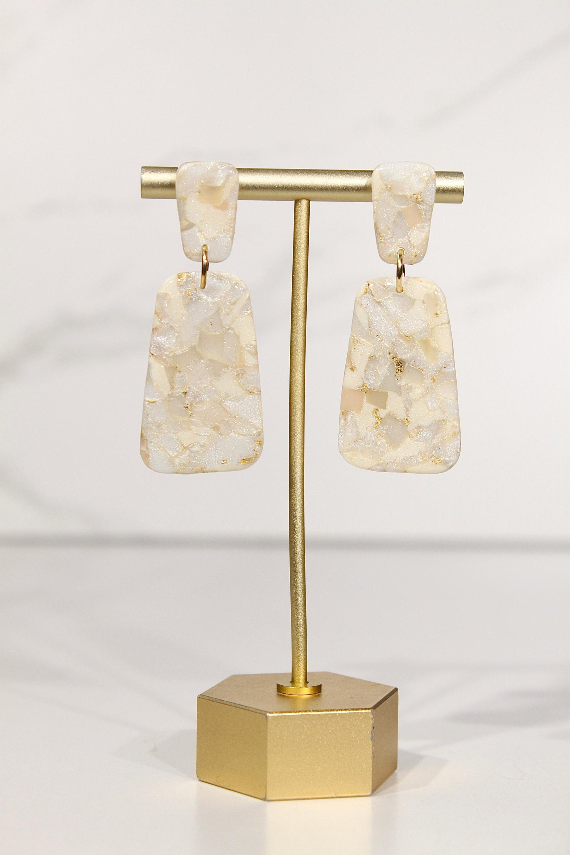 Champagne Pearl Marble Drop Earrings | Handmade Polymer Clay Statement Earrings