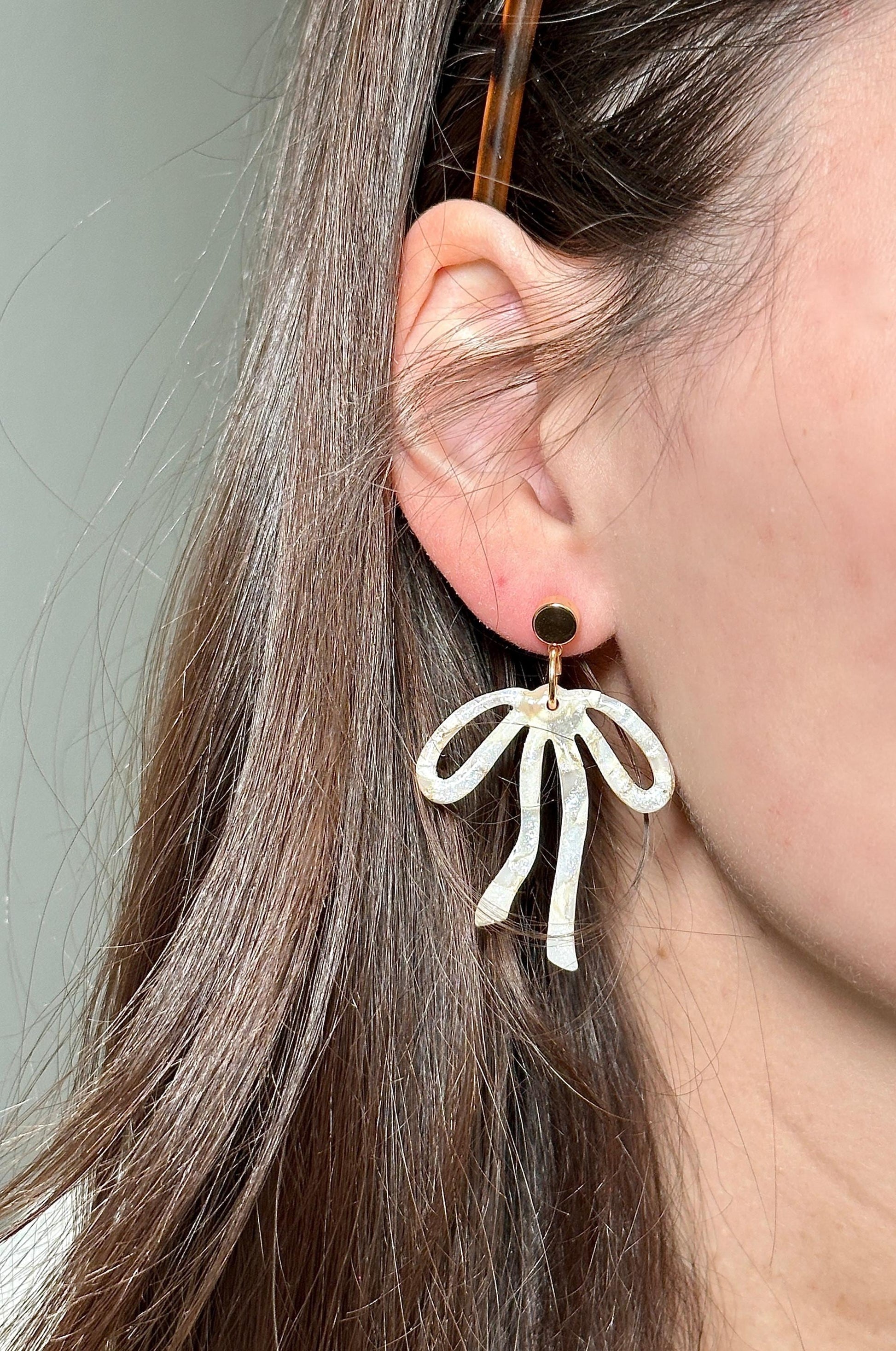 Champagne Pearl Marble Bow Statement Earrings | Handmade Polymer Clay Earrings