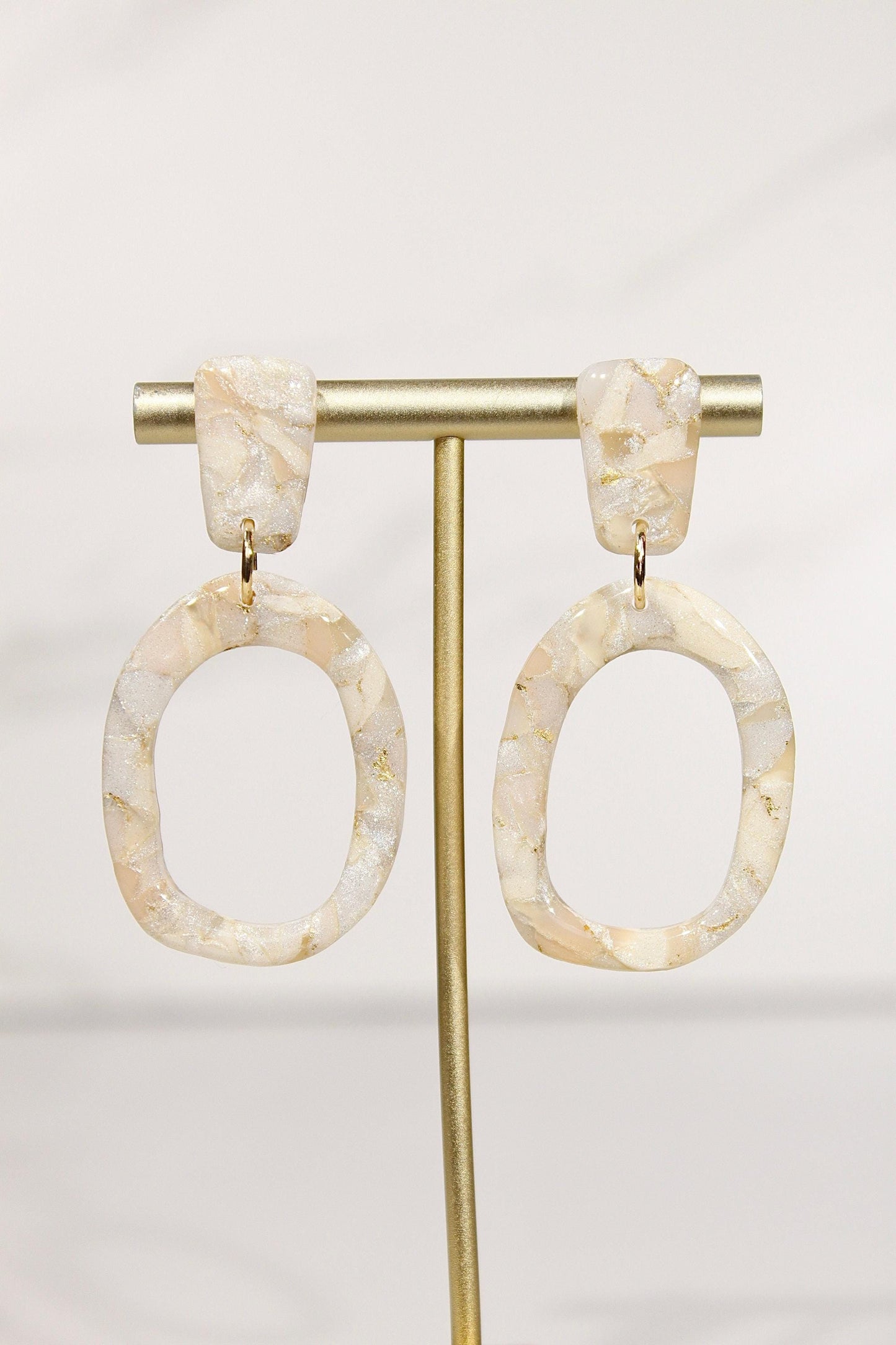 Champagne Pearl Marble Oval Drop Earrings | Handmade Polymer Clay Statement Earrings