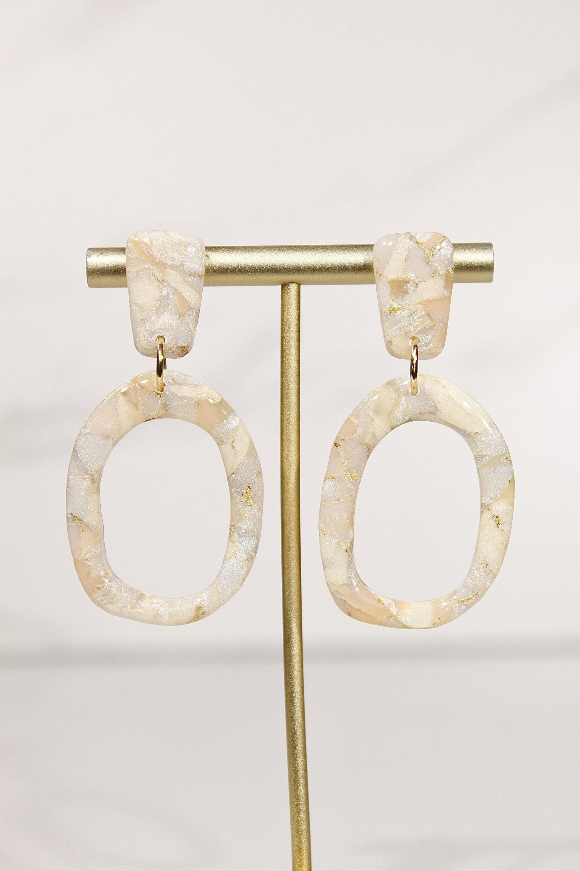 Champagne Pearl Marble Oval Drop Earrings | Handmade Polymer Clay Statement Earrings