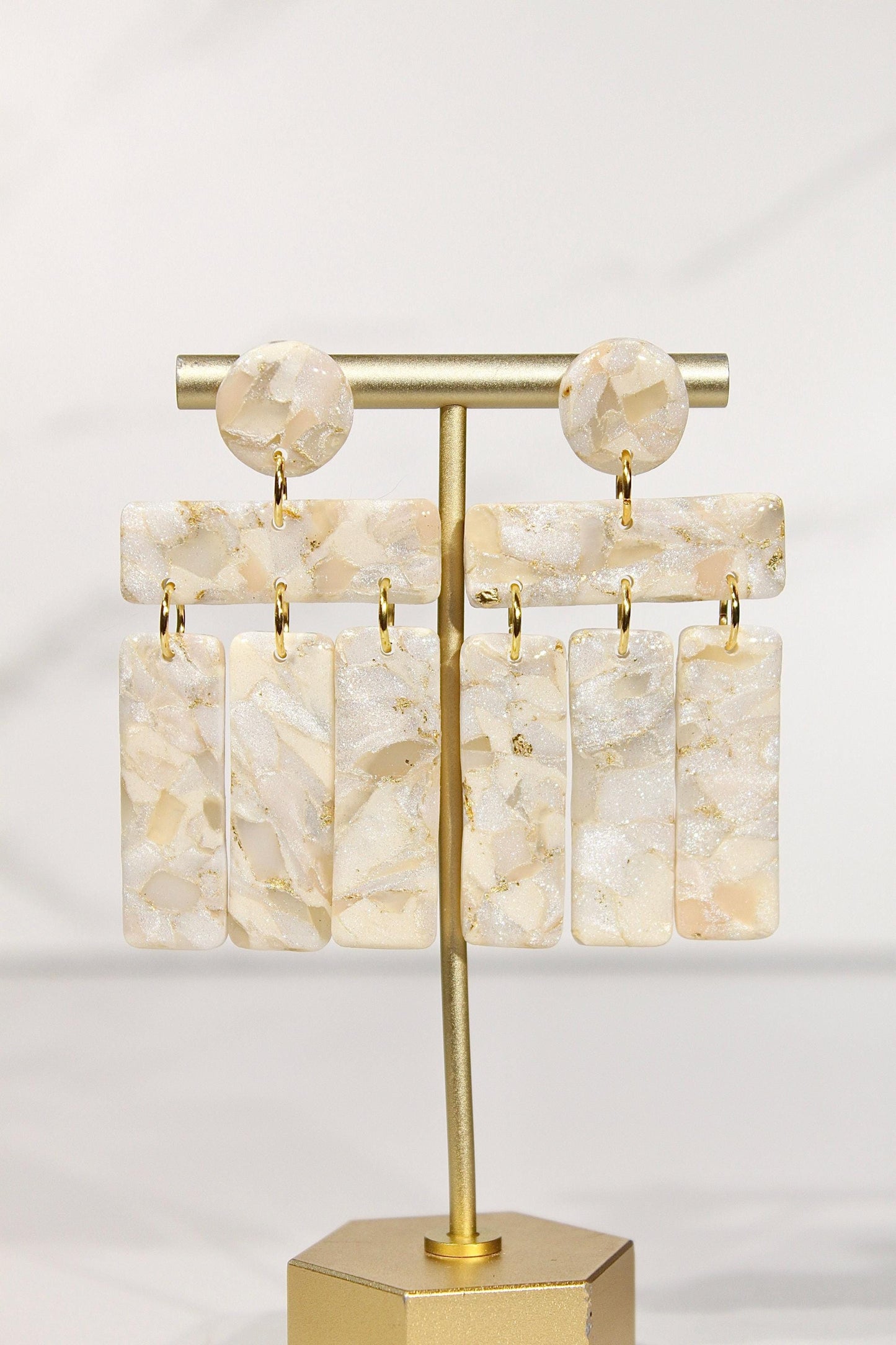 Champagne Pearl Marble Drop Earrings | Handmade Polymer Clay Statement Earrings