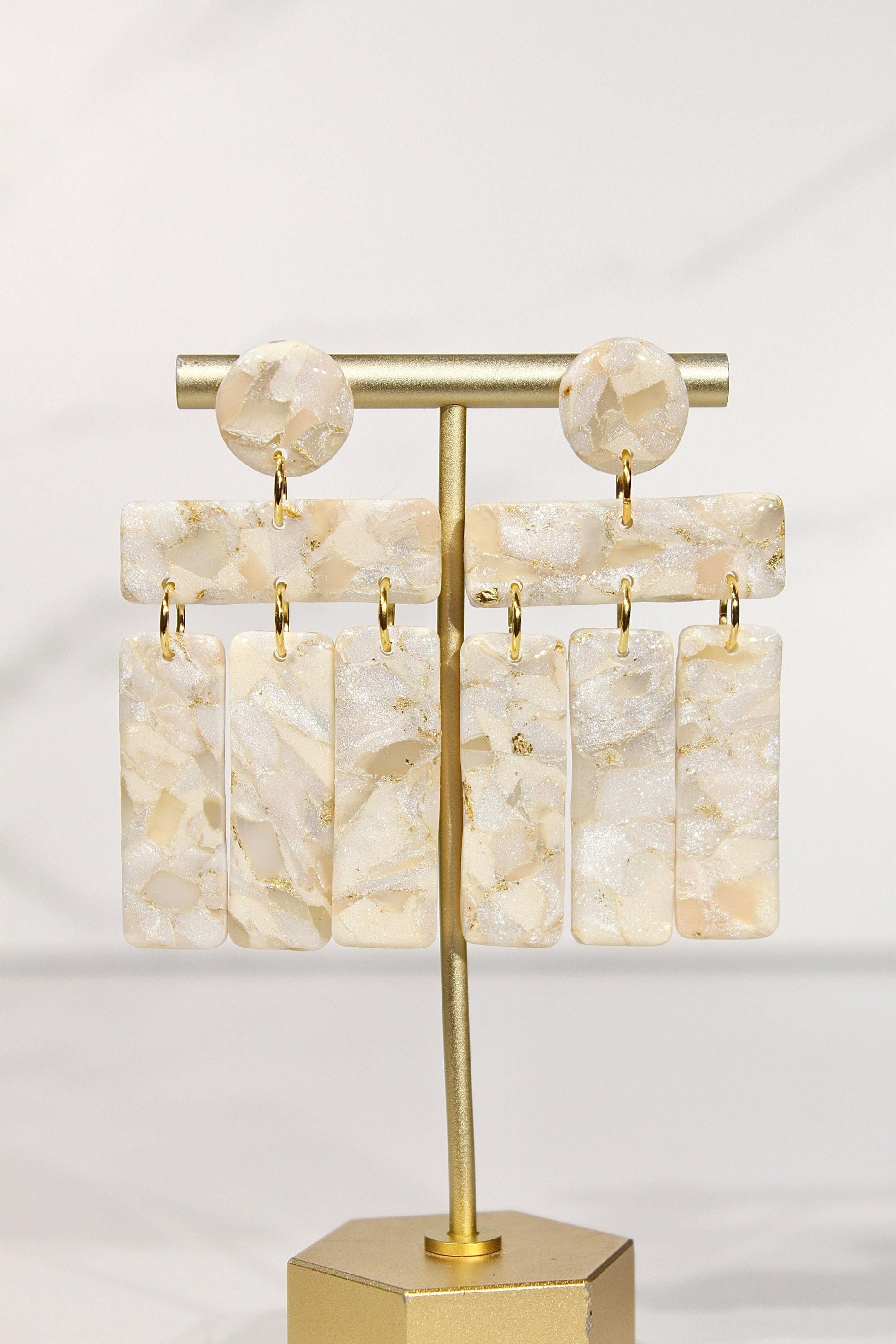 Champagne Pearl Marble Drop Earrings | Handmade Polymer Clay Statement Earrings
