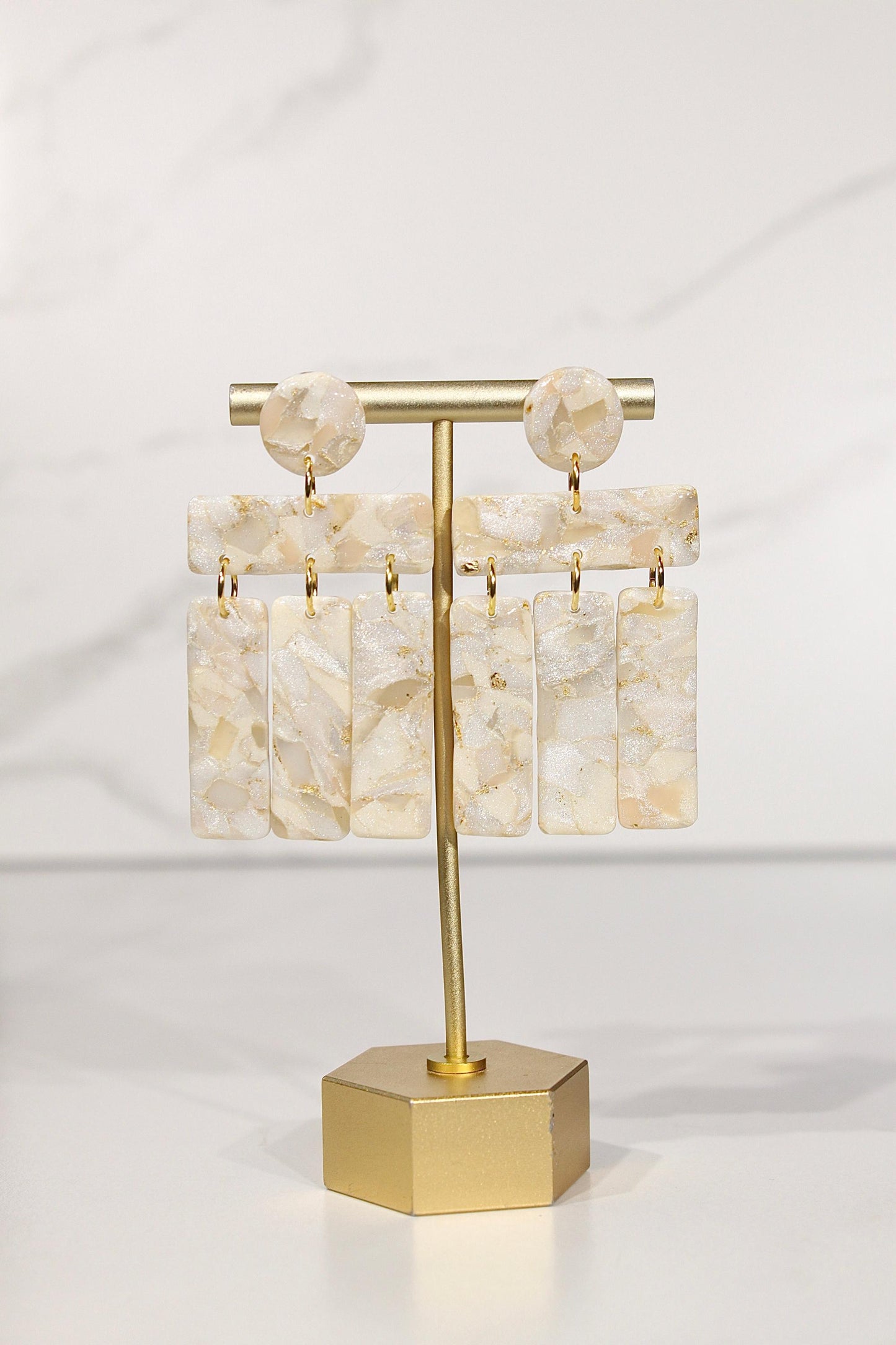 Champagne Pearl Marble Drop Earrings | Handmade Polymer Clay Statement Earrings