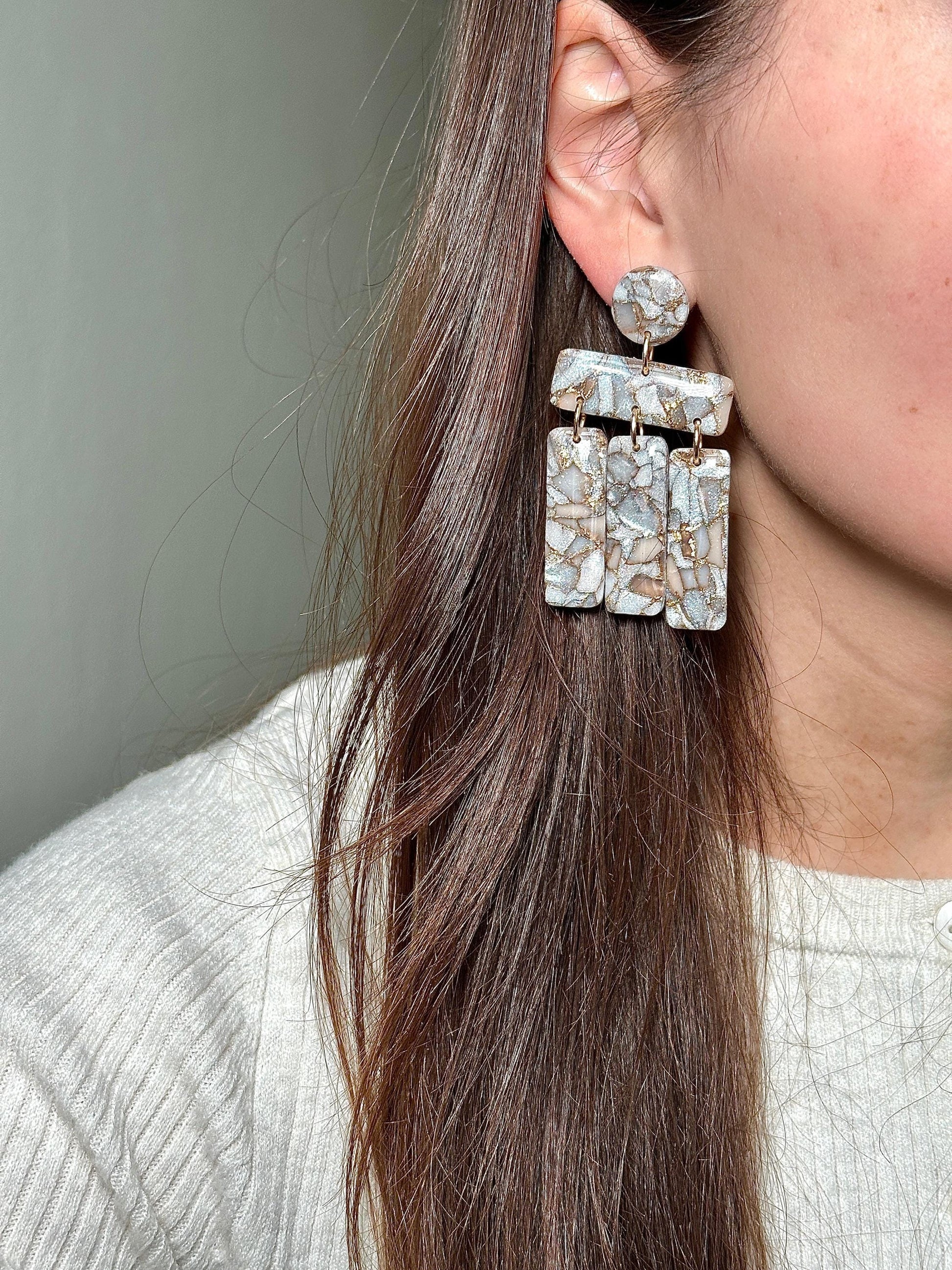 Mocha Pearl Marble Drop Earrings | Handmade Polymer Clay Statement Earrings