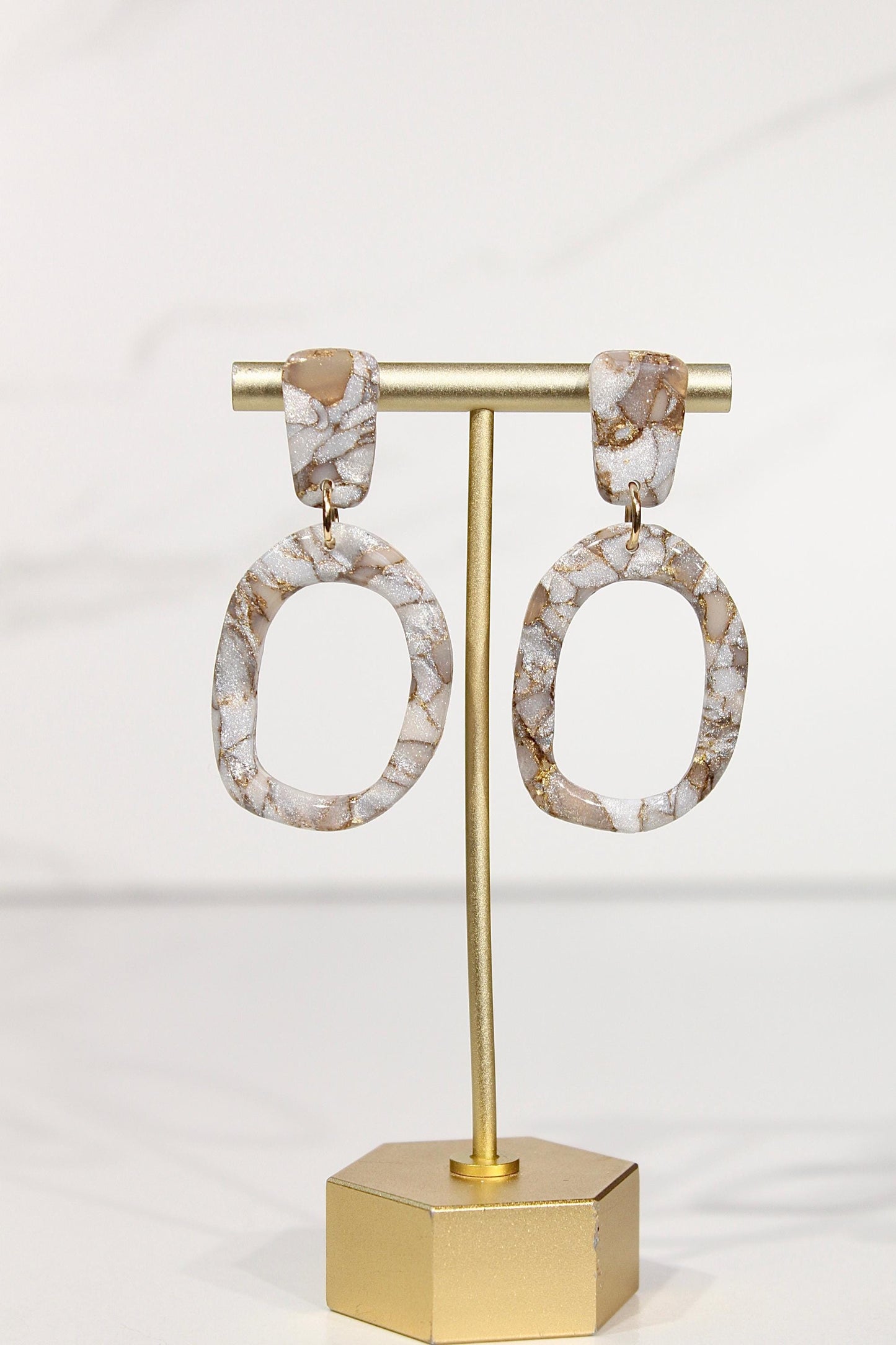 Mocha Pearl Marble Oval Drop Earrings | Handmade Polymer Clay Statement Earrings