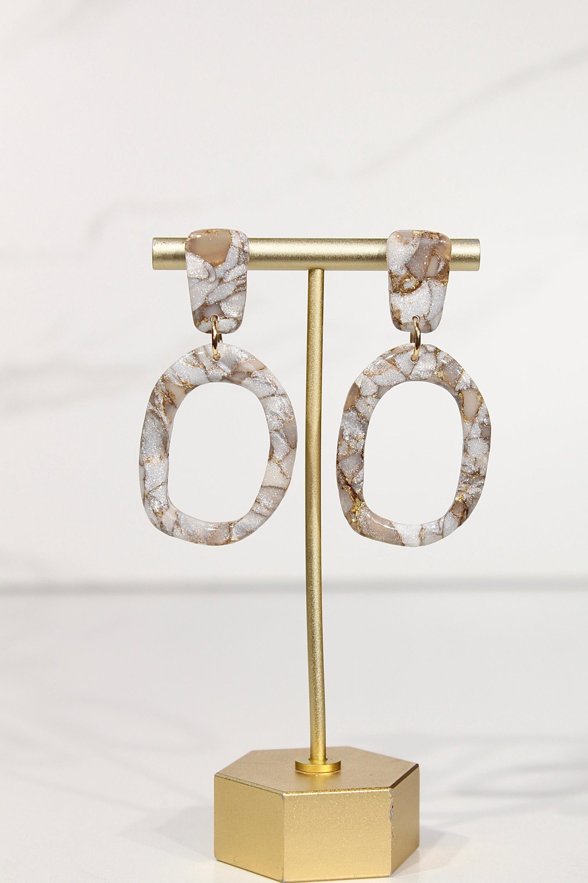 Mocha Pearl Marble Oval Drop Earrings | Handmade Polymer Clay Statement Earrings