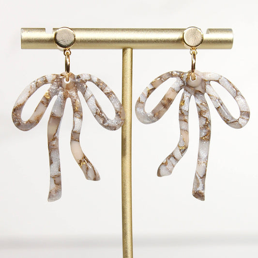 Mocha Pearl Marble Bow Statement Earrings | Handmade Polymer Clay Earrings