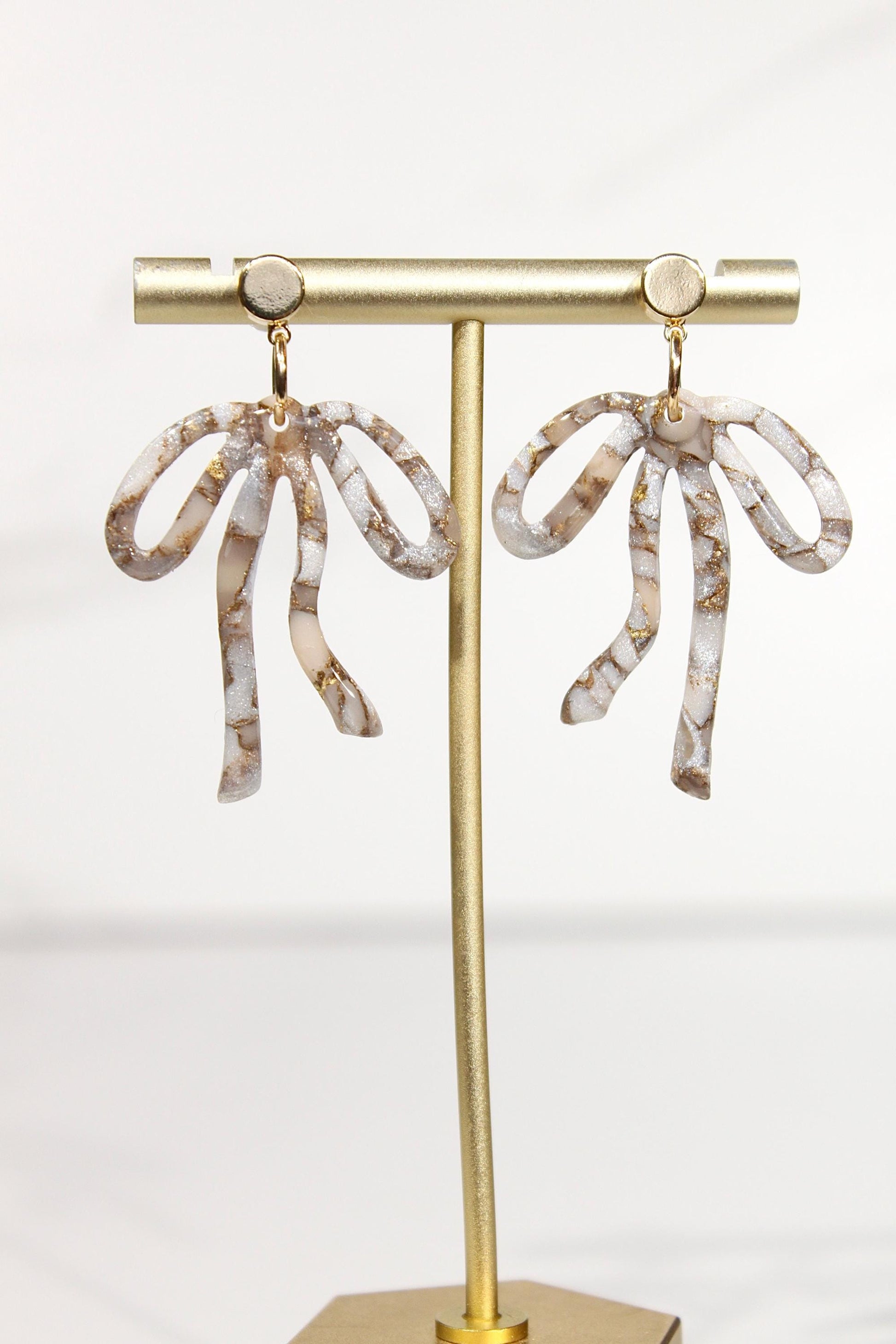Mocha Pearl Marble Bow Statement Earrings | Handmade Polymer Clay Earrings