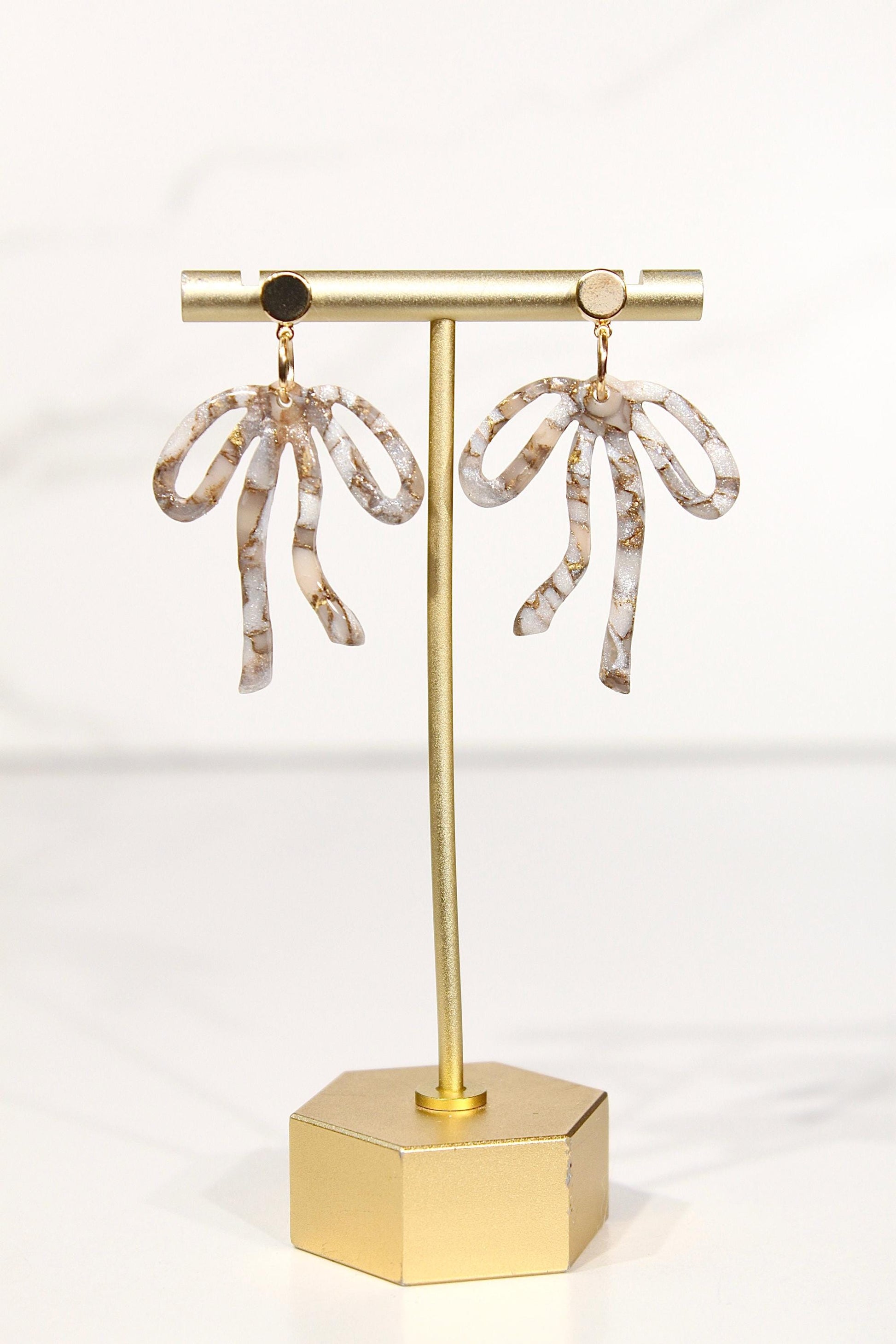 Mocha Pearl Marble Bow Statement Earrings | Handmade Polymer Clay Earrings