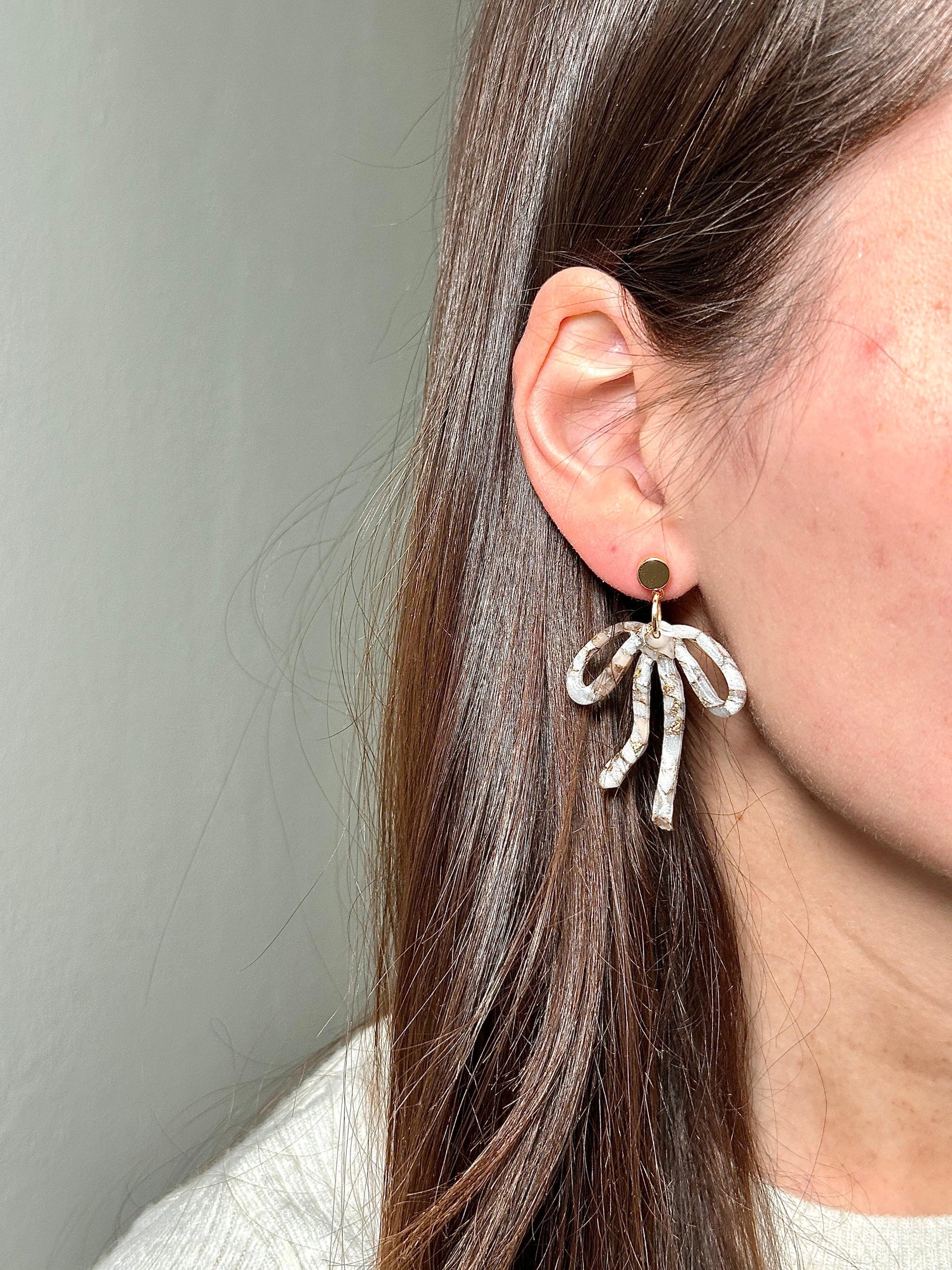 Mocha Pearl Marble Bow Statement Earrings | Handmade Polymer Clay Earrings