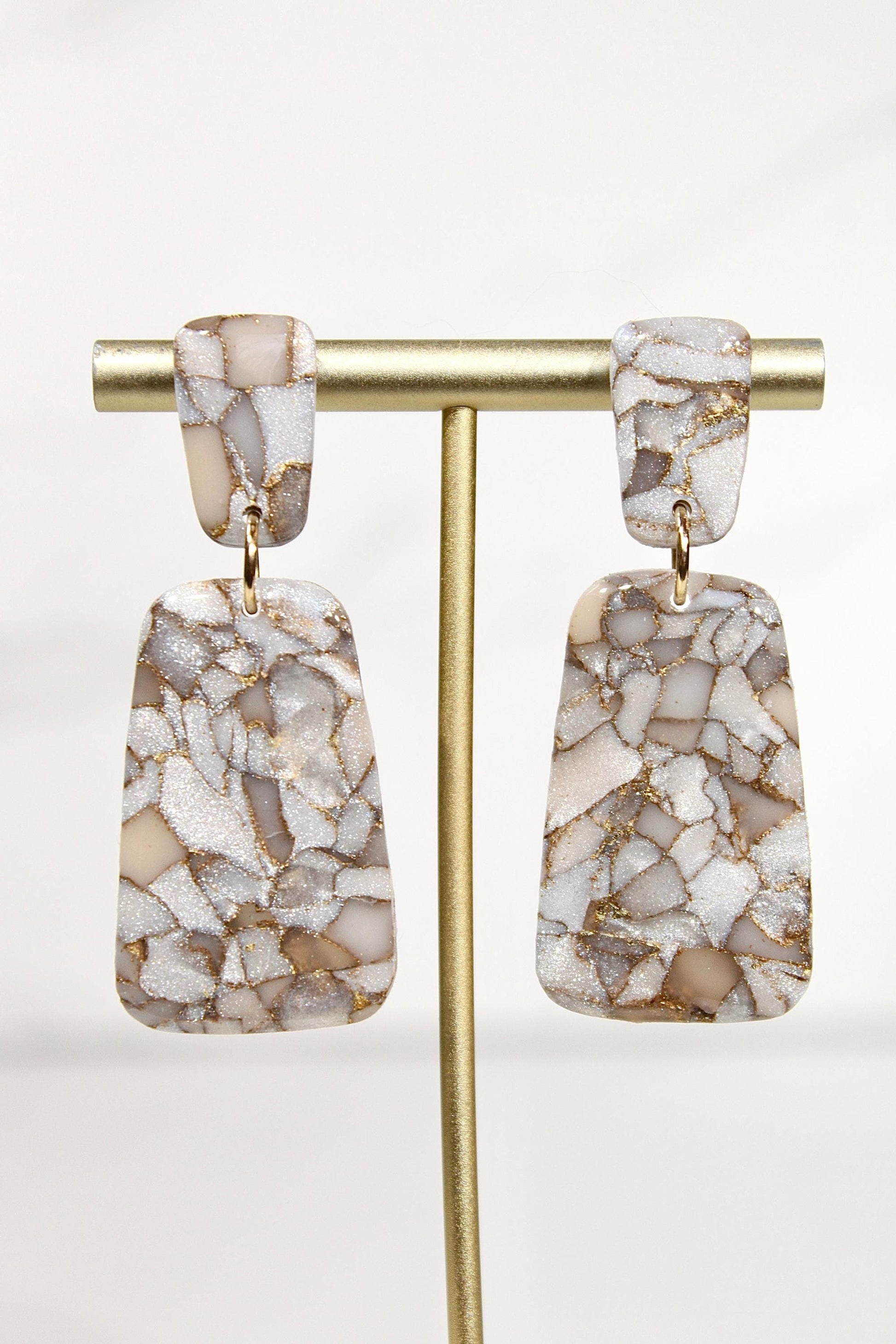Mocha Pearl Marble Drop Earrings | Handmade Polymer Clay Statement Earrings