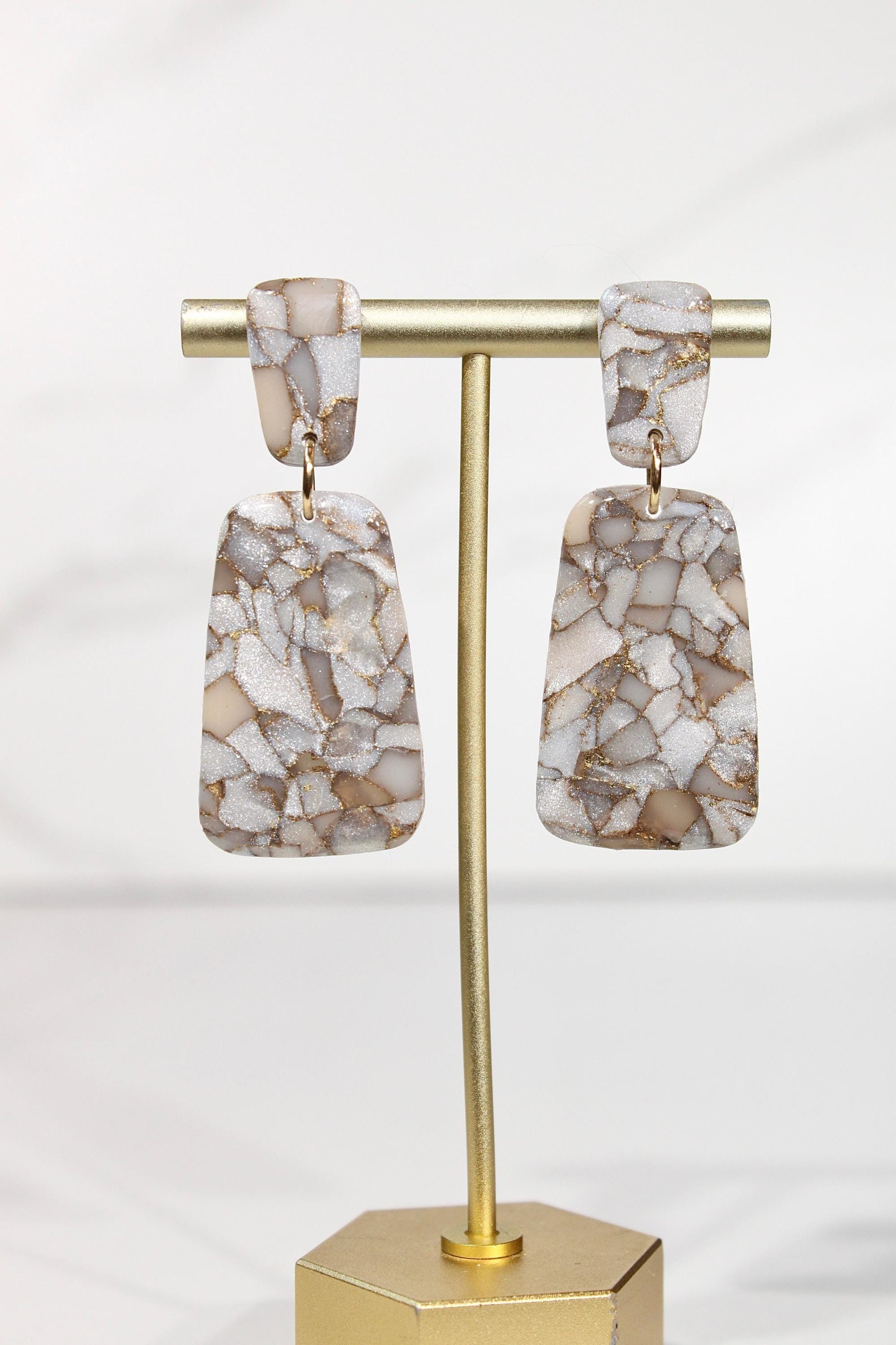 Mocha Pearl Marble Drop Earrings | Handmade Polymer Clay Statement Earrings