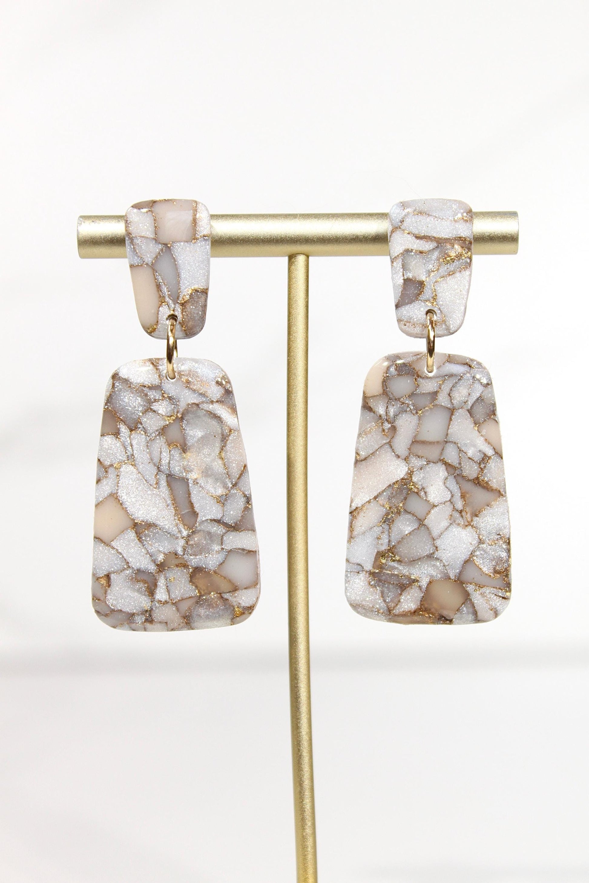 Mocha Pearl Marble Drop Earrings | Handmade Polymer Clay Statement Earrings