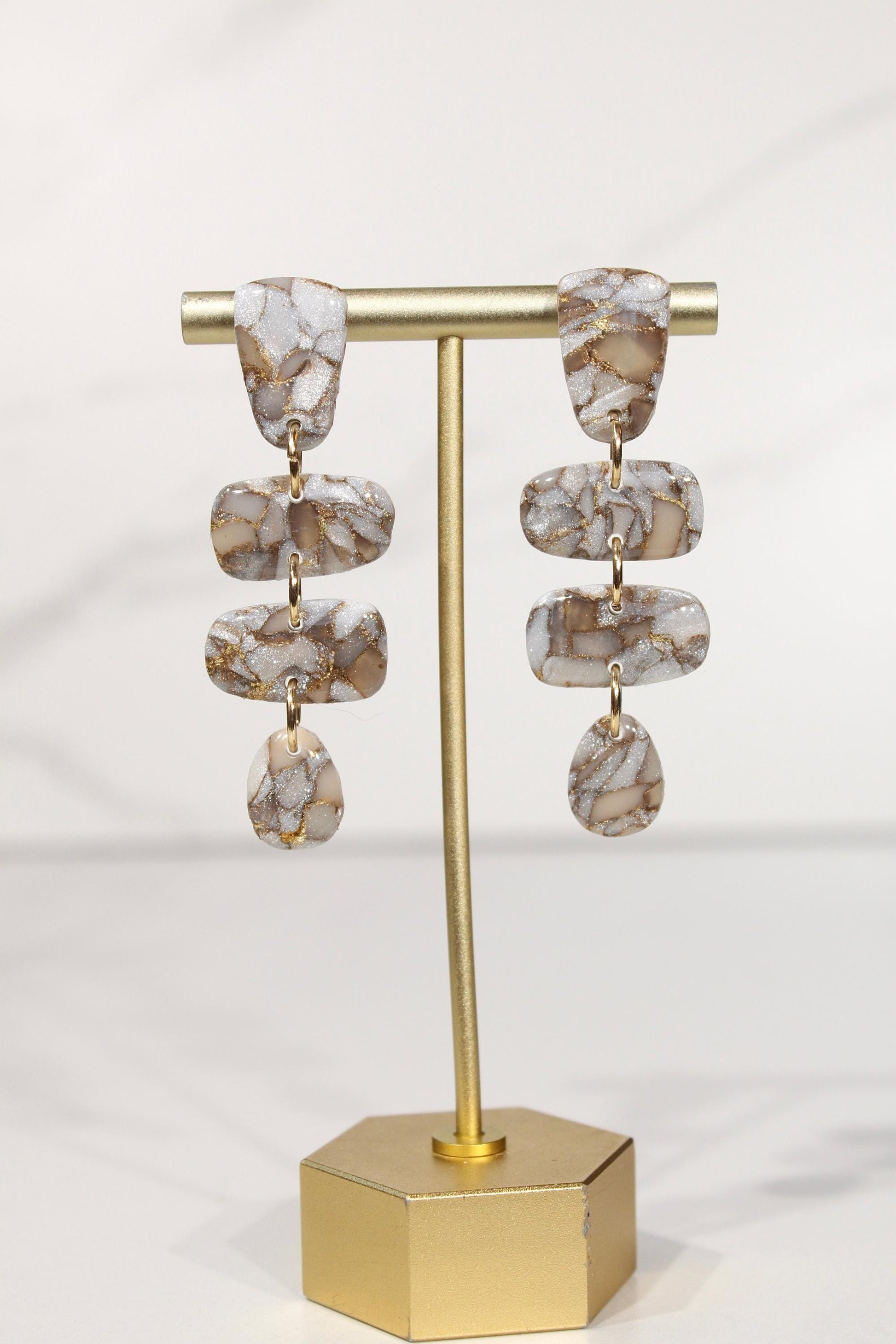 Mocha Pearl Marble Statement Drop Earrings | Handmade Polymer Clay Earrings