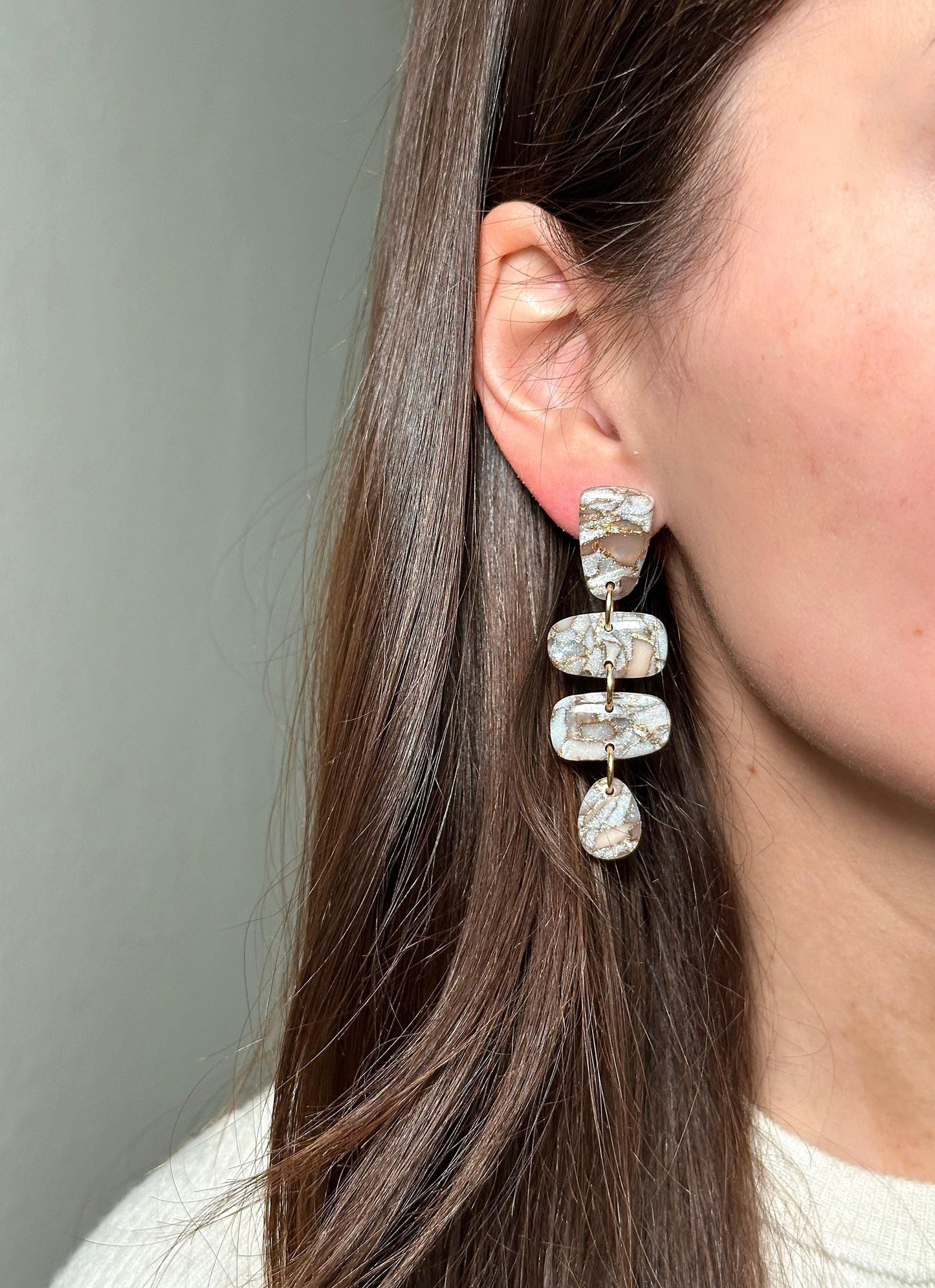 Mocha Pearl Marble Statement Drop Earrings | Handmade Polymer Clay Earrings