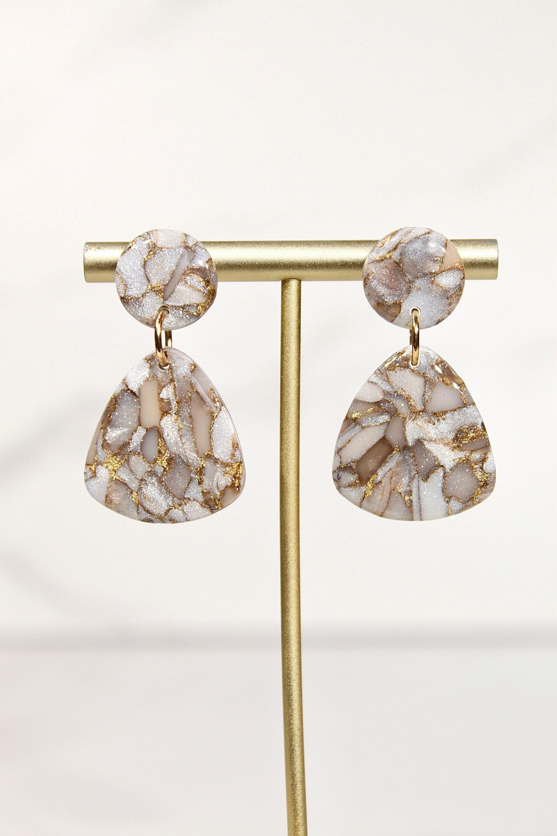 Mocha Pearl Marble Drop Earrings | Handmade Polymer Clay Statement Earrings