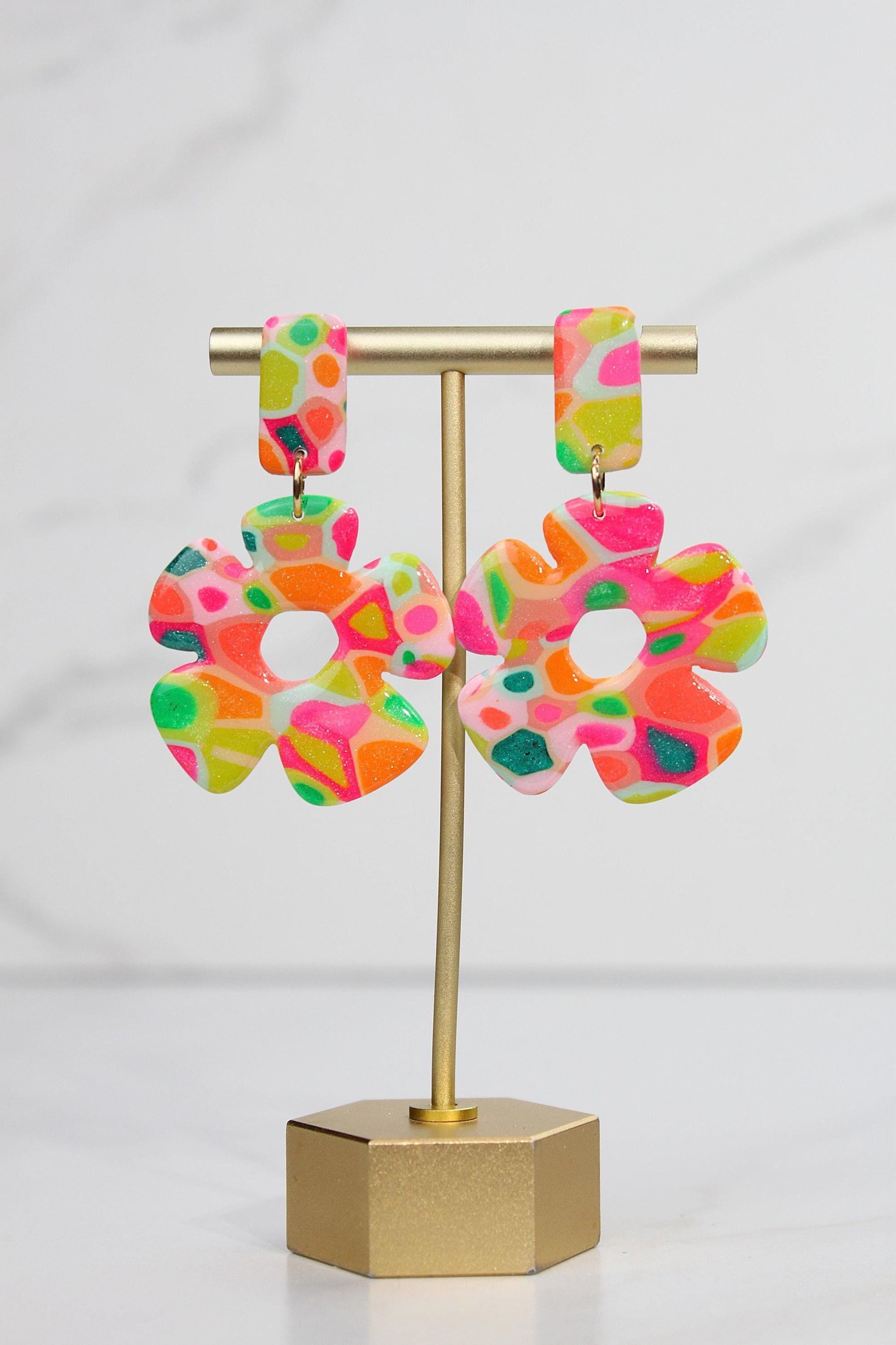 Colorful Terrazzo Statement Earrings, Handmade Polymer Clay Dangles, Lightweight Bold Jewelry
