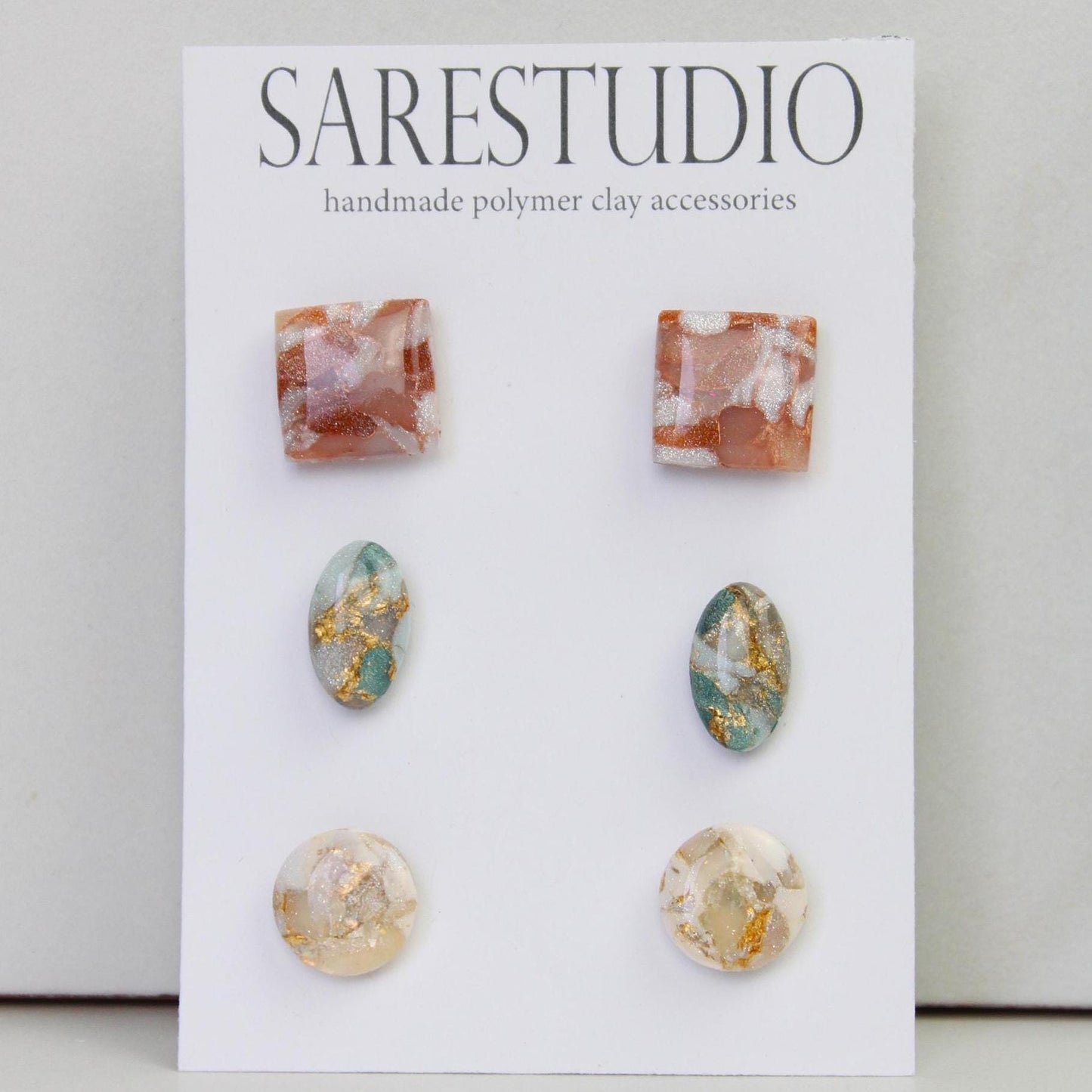 Stud Polymer Clay Earring Set of 3 - Clay Stud Pack - Gift for her - Christmas Gift - Neutral Earring Set - Marble Stud Earrings
