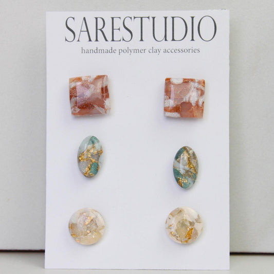 Stud Polymer Clay Earring Set of 3 - Clay Stud Pack - Gift for her - Christmas Gift - Neutral Earring Set - Marble Stud Earrings