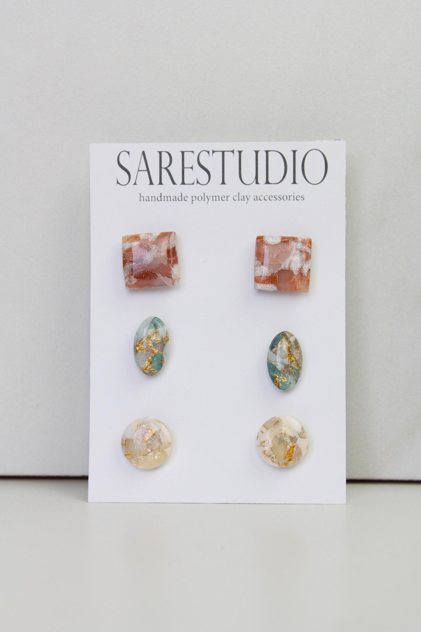Stud Polymer Clay Earring Set of 3 - Clay Stud Pack - Gift for her - Christmas Gift - Neutral Earring Set - Marble Stud Earrings