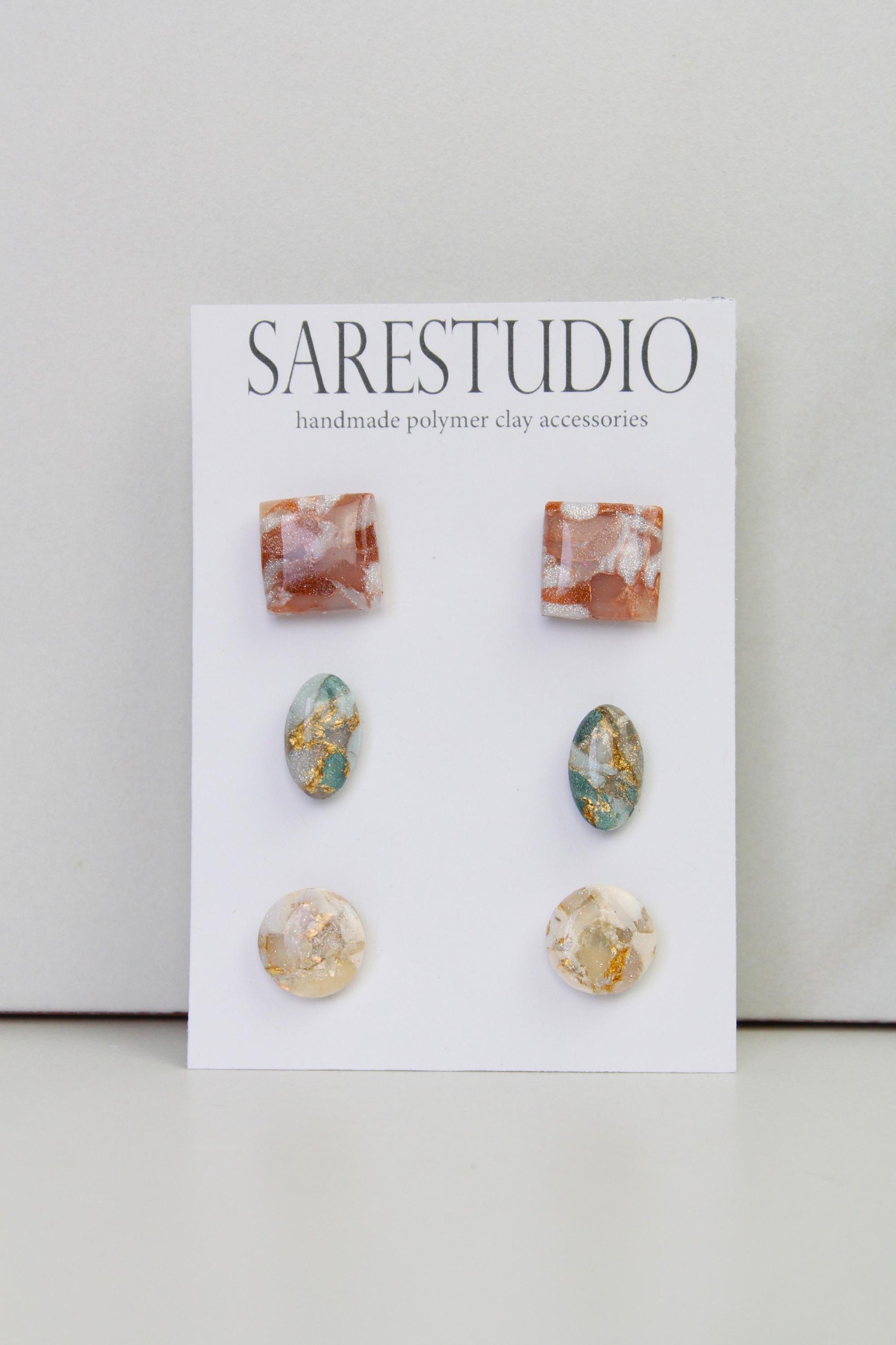 Stud Polymer Clay Earring Set of 3 - Clay Stud Pack - Gift for her - Christmas Gift - Neutral Earring Set - Marble Stud Earrings