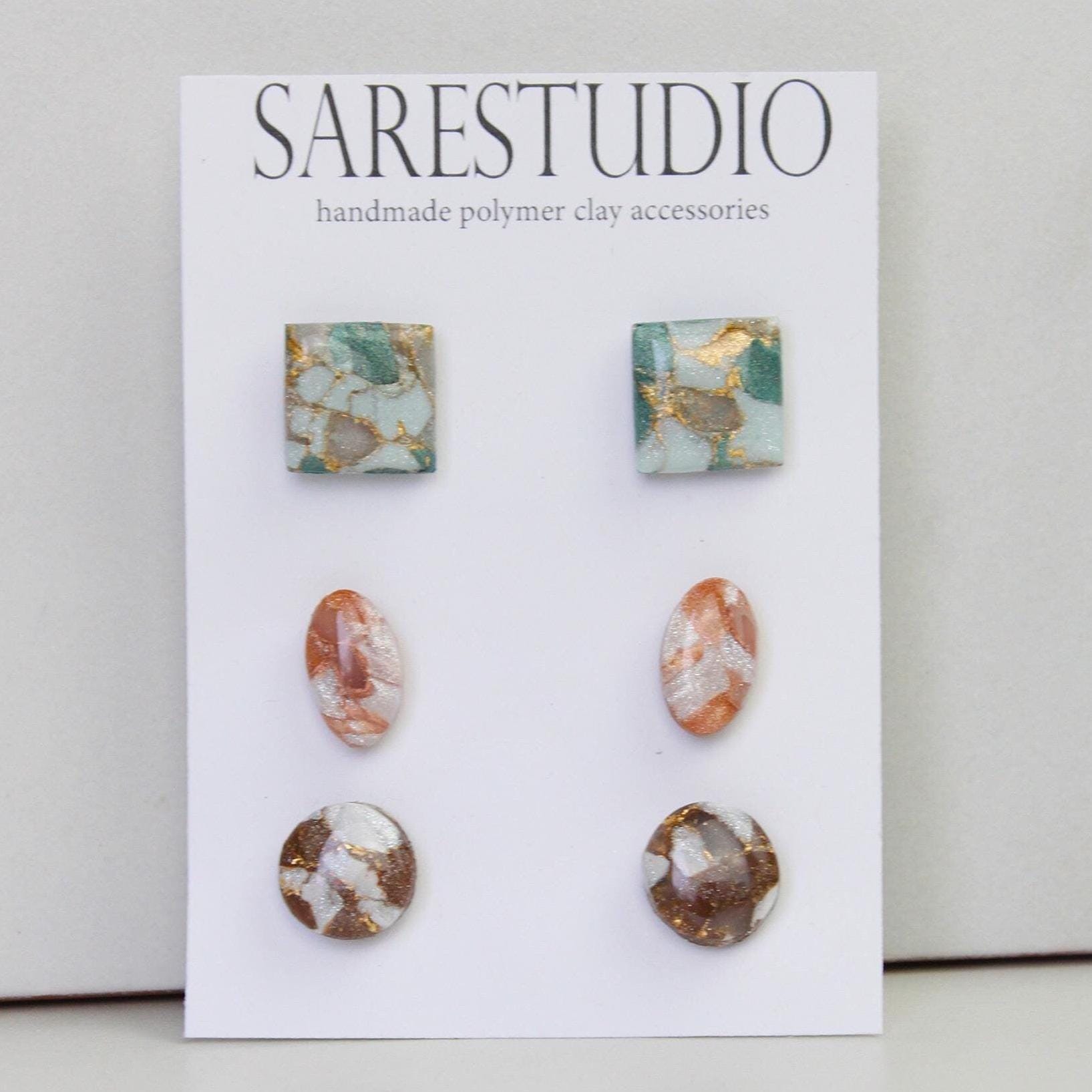Stud Polymer Clay Earring Set of 3 - Clay Stud Pack - Gift for her - Christmas Gift - Neutral Earring Set - Marble Stud Earrings