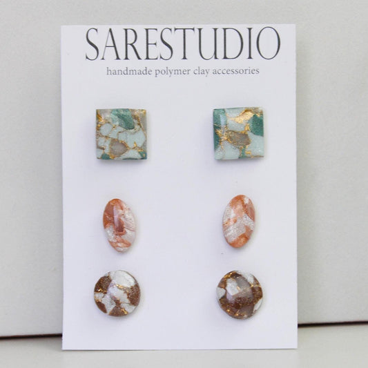 Stud Polymer Clay Earring Set of 3 - Clay Stud Pack - Gift for her - Christmas Gift - Neutral Earring Set - Marble Stud Earrings
