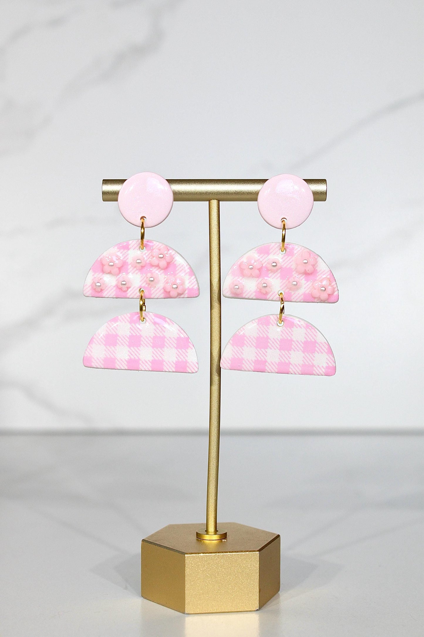 Gingham Clay Earrings in Pastel Pink | Handmade Statement Earrings | Lightweight Polymer Clay Jewelry | Summer Picnic Style