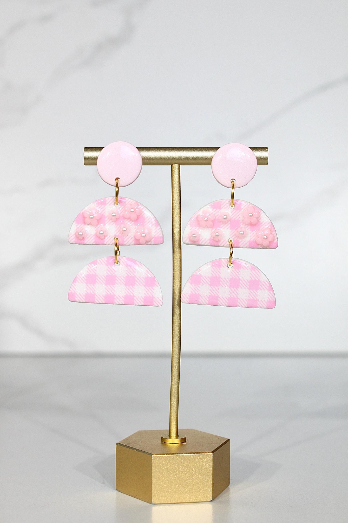 Gingham Clay Earrings in Pastel Pink | Handmade Statement Earrings | Lightweight Polymer Clay Jewelry | Summer Picnic Style