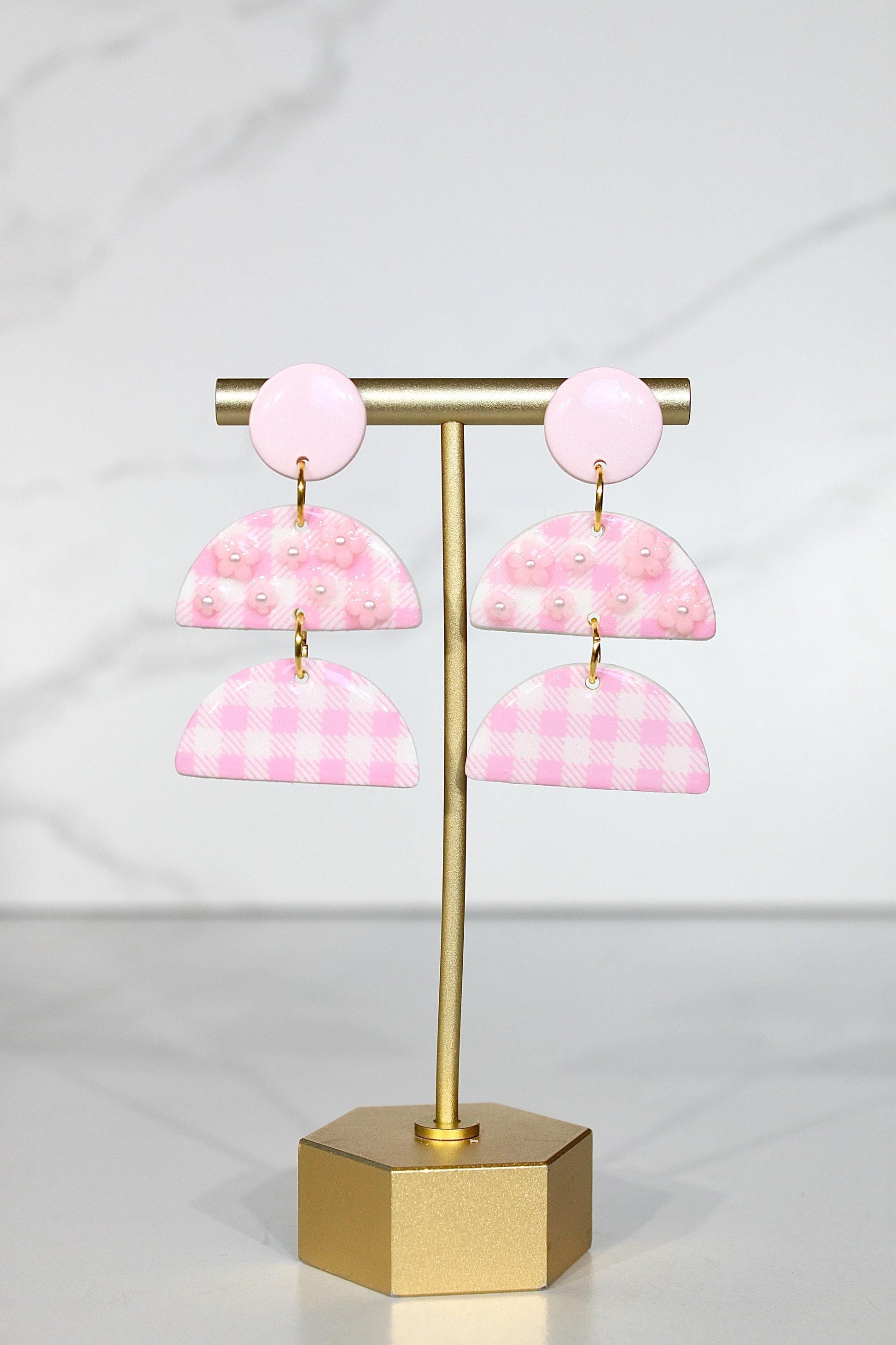 Gingham Clay Earrings in Pastel Pink | Handmade Statement Earrings | Lightweight Polymer Clay Jewelry | Summer Picnic Style