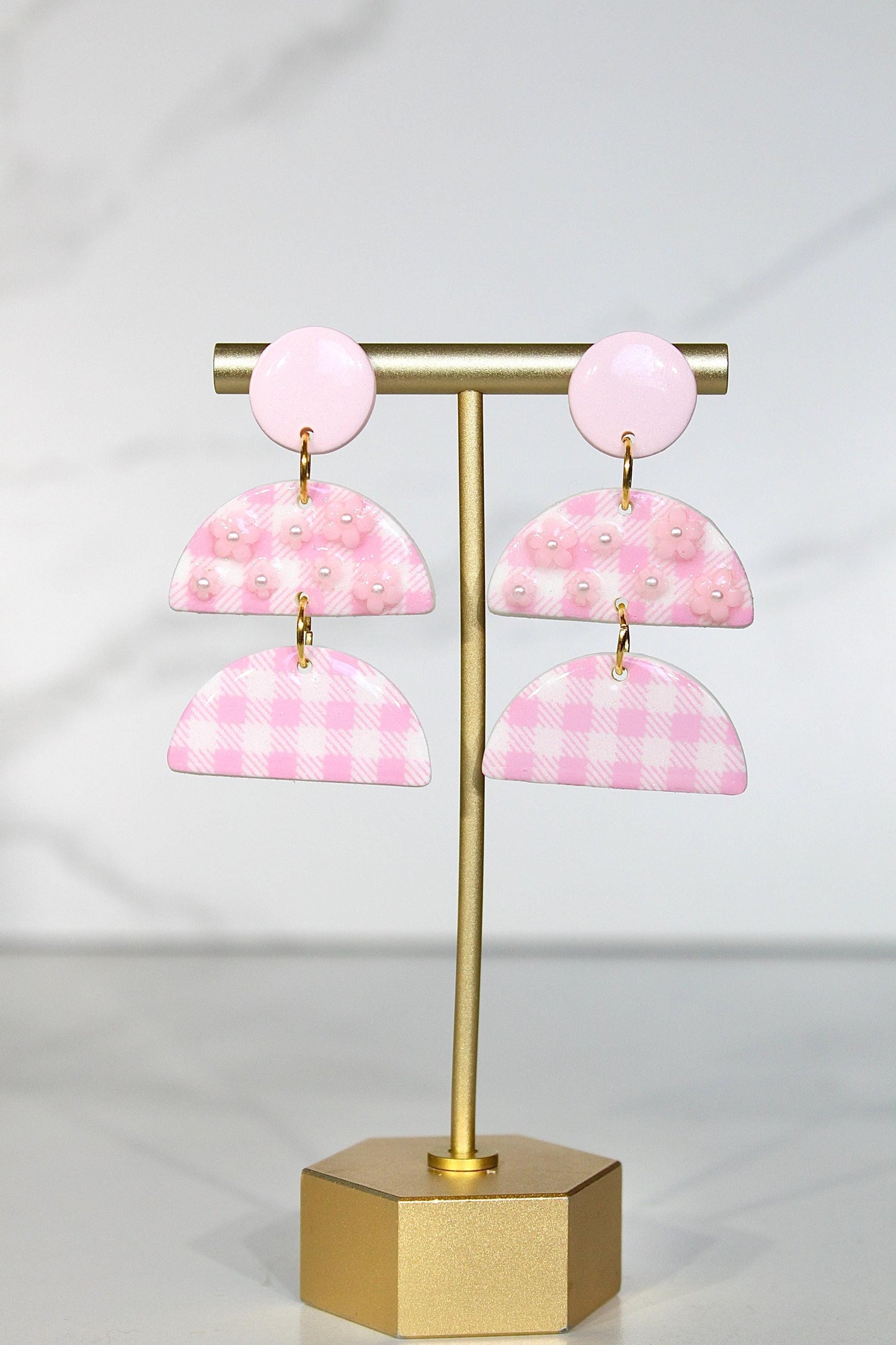 Gingham Clay Earrings in Pastel Pink | Handmade Statement Earrings | Lightweight Polymer Clay Jewelry | Summer Picnic Style