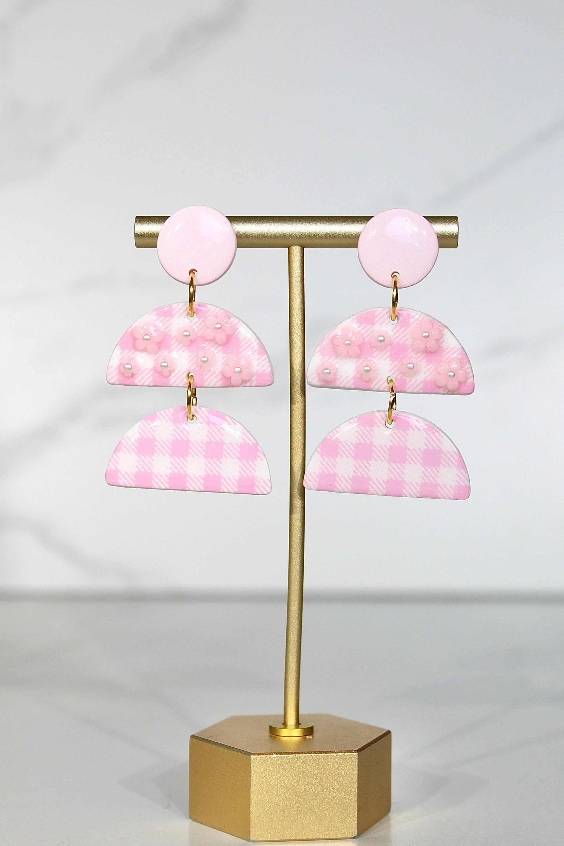 Gingham Clay Earrings in Pastel Pink | Handmade Statement Earrings | Lightweight Polymer Clay Jewelry | Summer Picnic Style