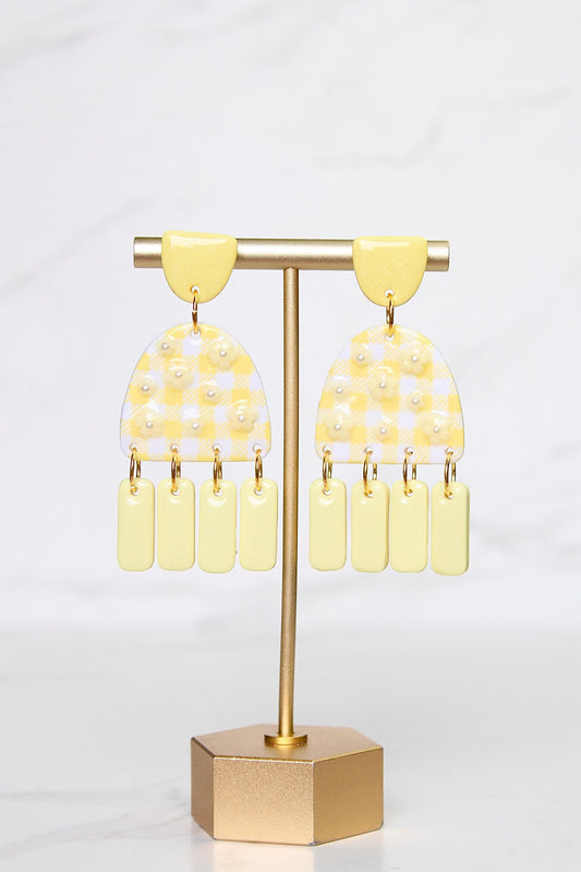 Gingham Clay Earrings in Pastel Yellow | Handmade Statement Earrings | Lightweight Polymer Clay Jewelry | Summer Picnic Style