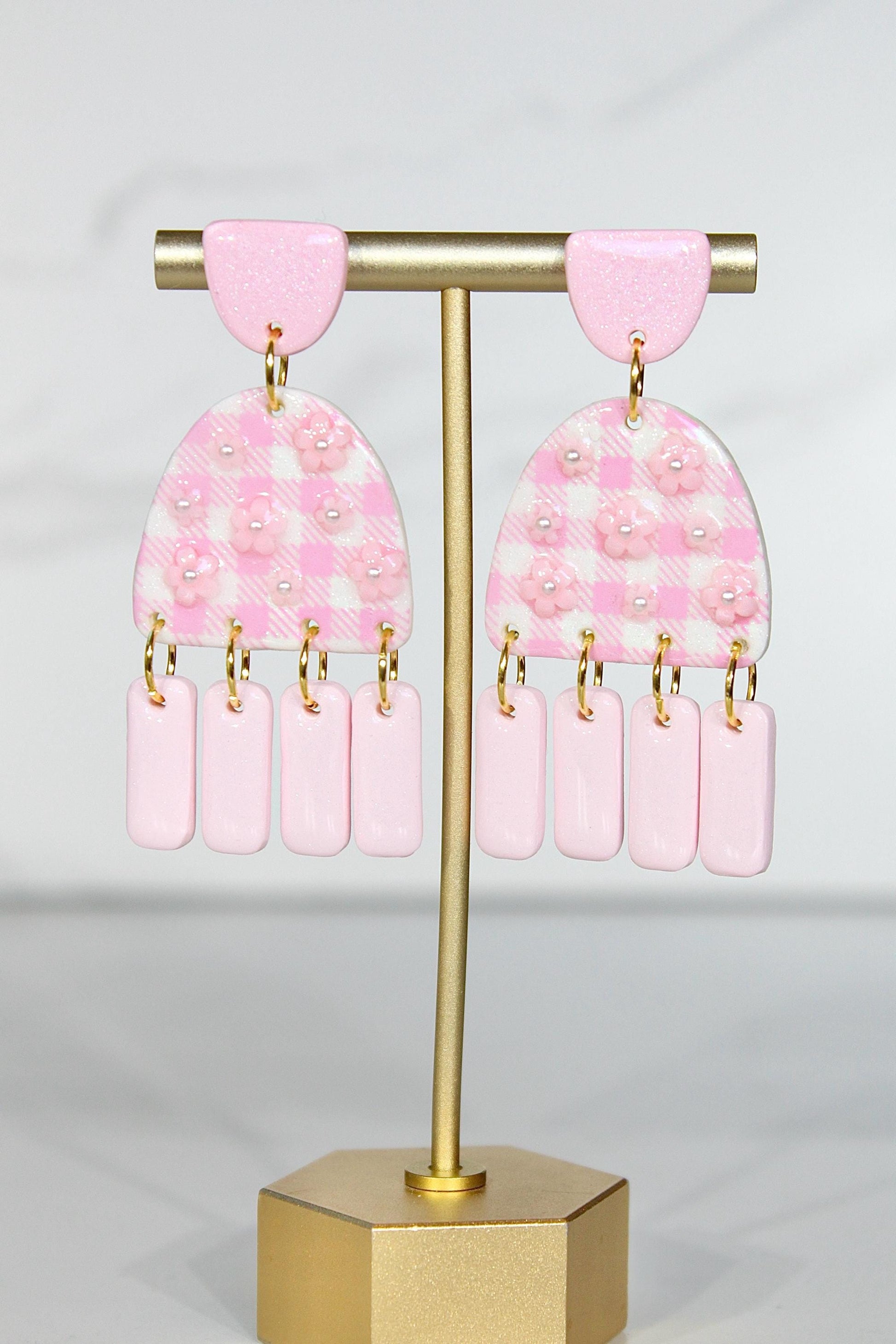 Gingham Clay Earrings in Pastel Pink | Handmade Statement Earrings | Lightweight Polymer Clay Jewelry | Summer Picnic Style