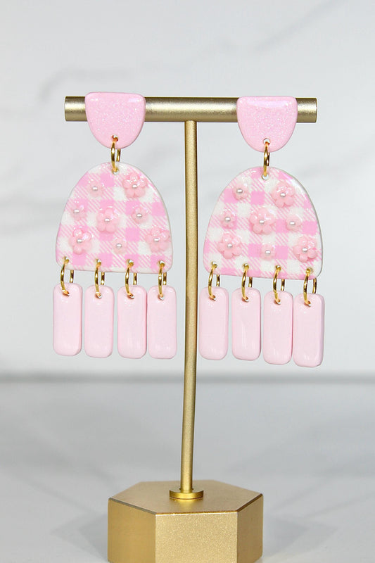 Gingham Clay Earrings in Pastel Pink | Handmade Statement Earrings | Lightweight Polymer Clay Jewelry | Summer Picnic Style