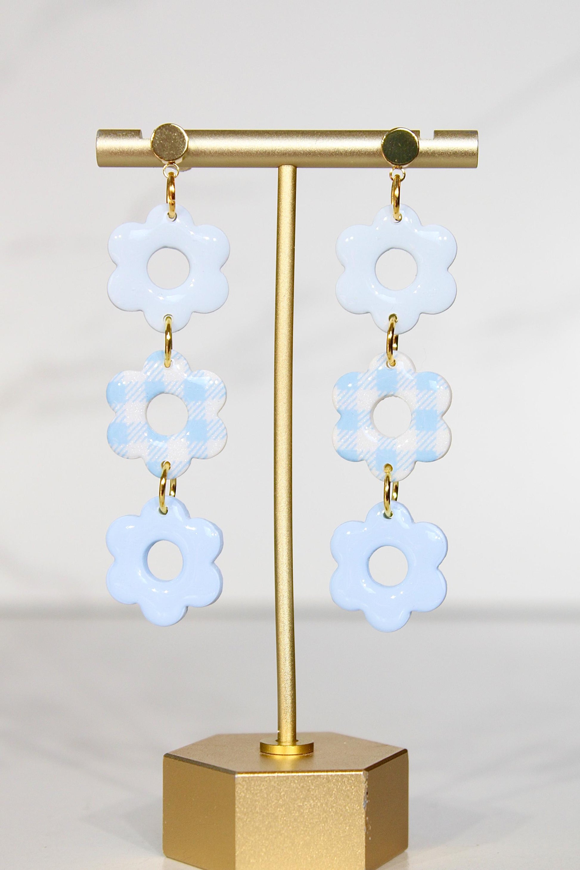 Gingham Clay Earrings in Pastel Blue | Handmade Statement Earrings | Lightweight Polymer Clay Jewelry | Summer Picnic Style