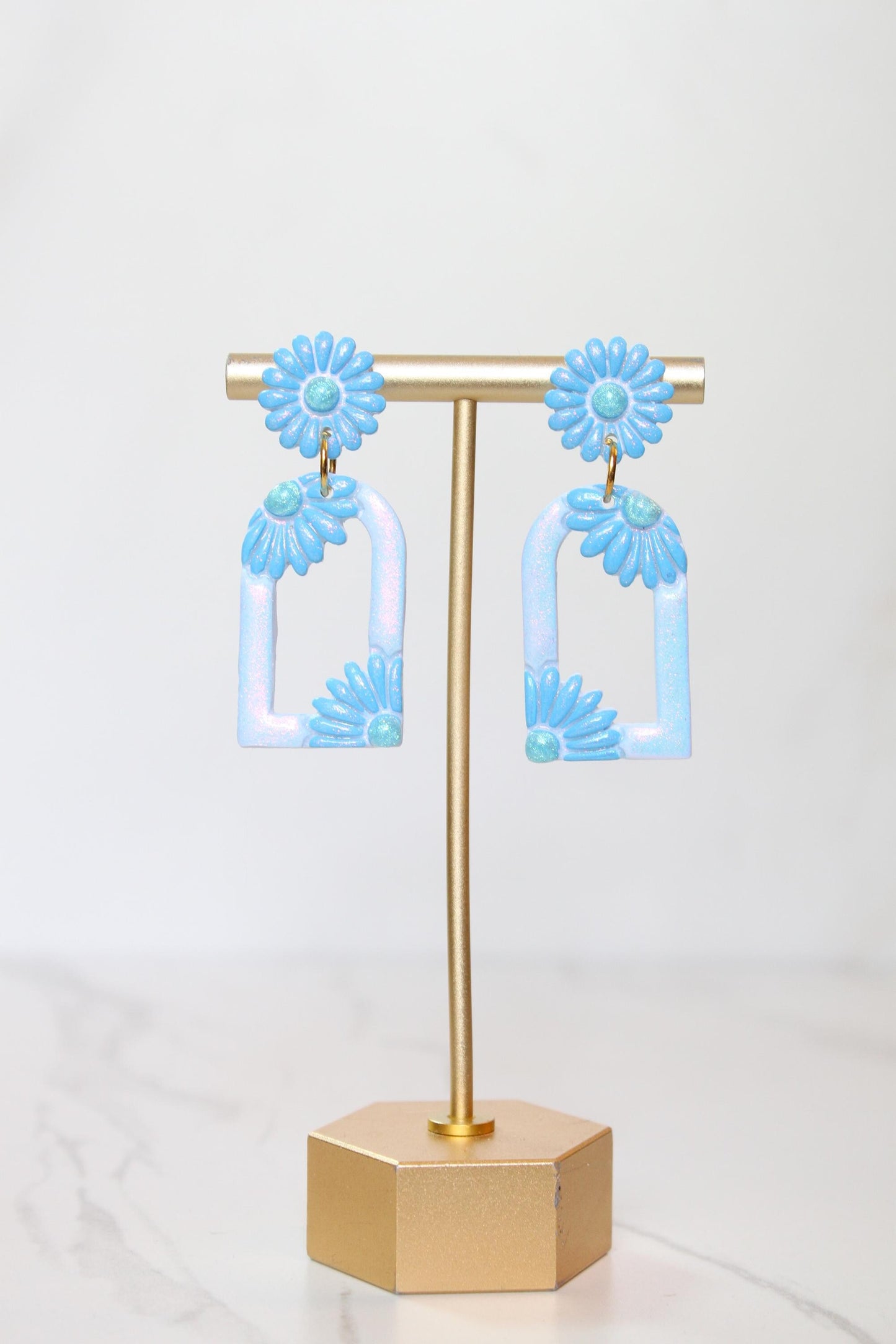 Pastel Blue Floral Arch Statement Earrings | Iridescent Daisy Polymer Clay Dangles | Elegant Shimmer Summer Jewelry