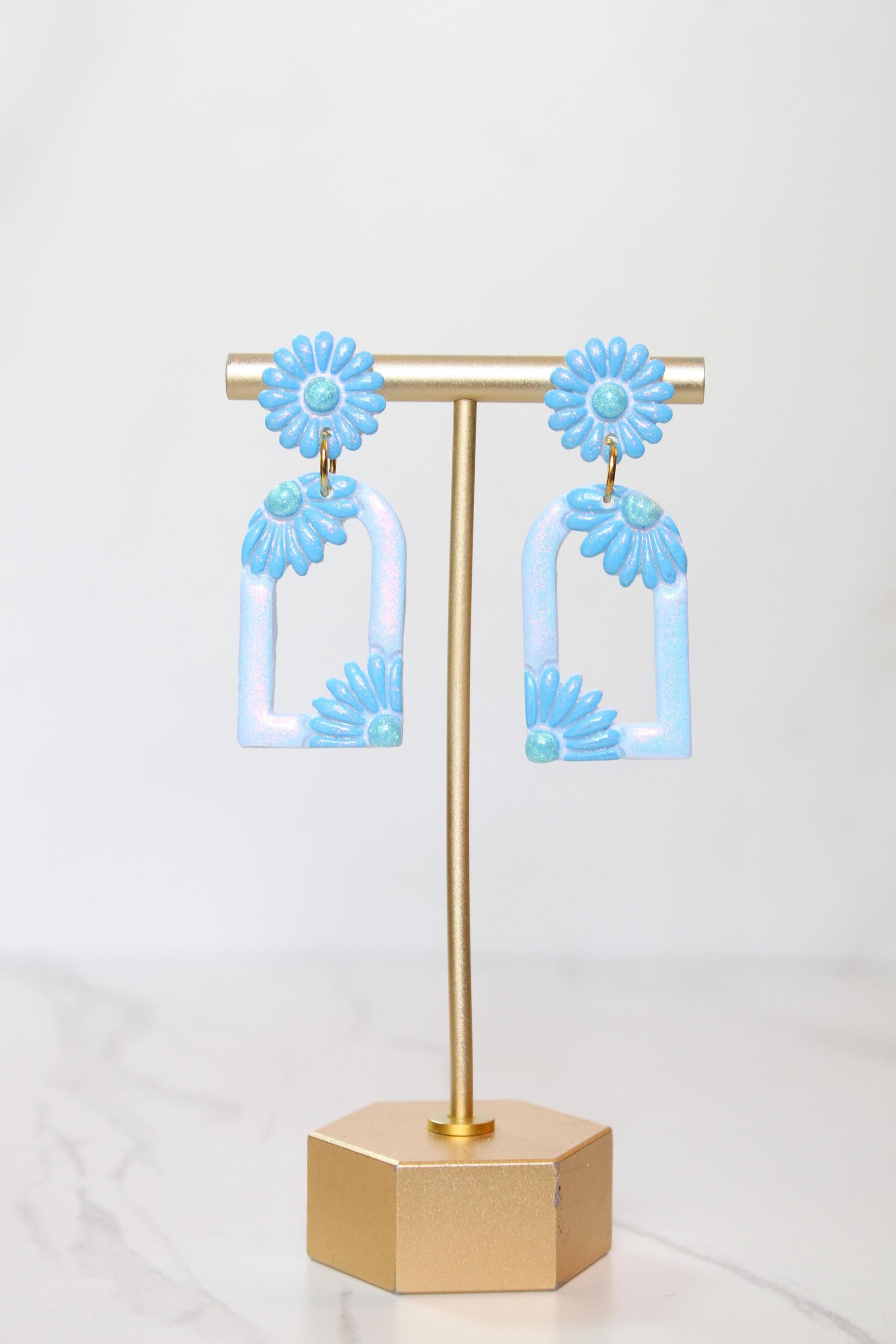 Pastel Blue Floral Arch Statement Earrings | Iridescent Daisy Polymer Clay Dangles | Elegant Shimmer Summer Jewelry