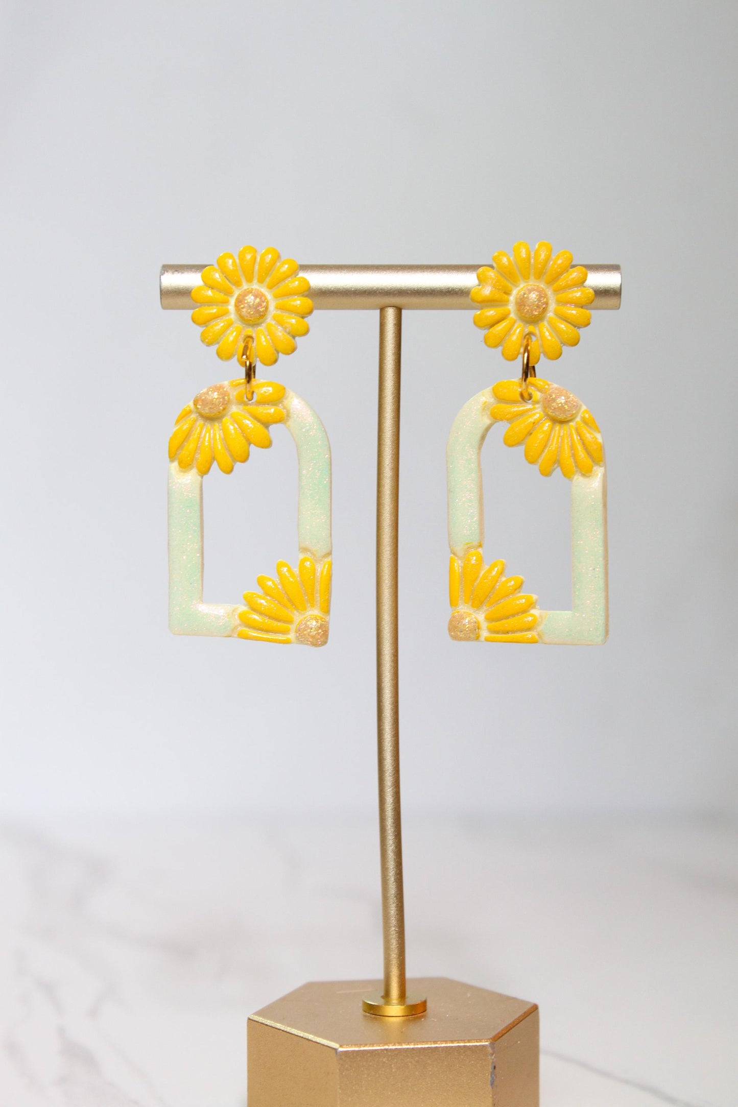 Pastel Yellow Floral Arch Statement Earrings | Iridescent Daisy Polymer Clay Dangles | Elegant Shimmer Summer Jewelry