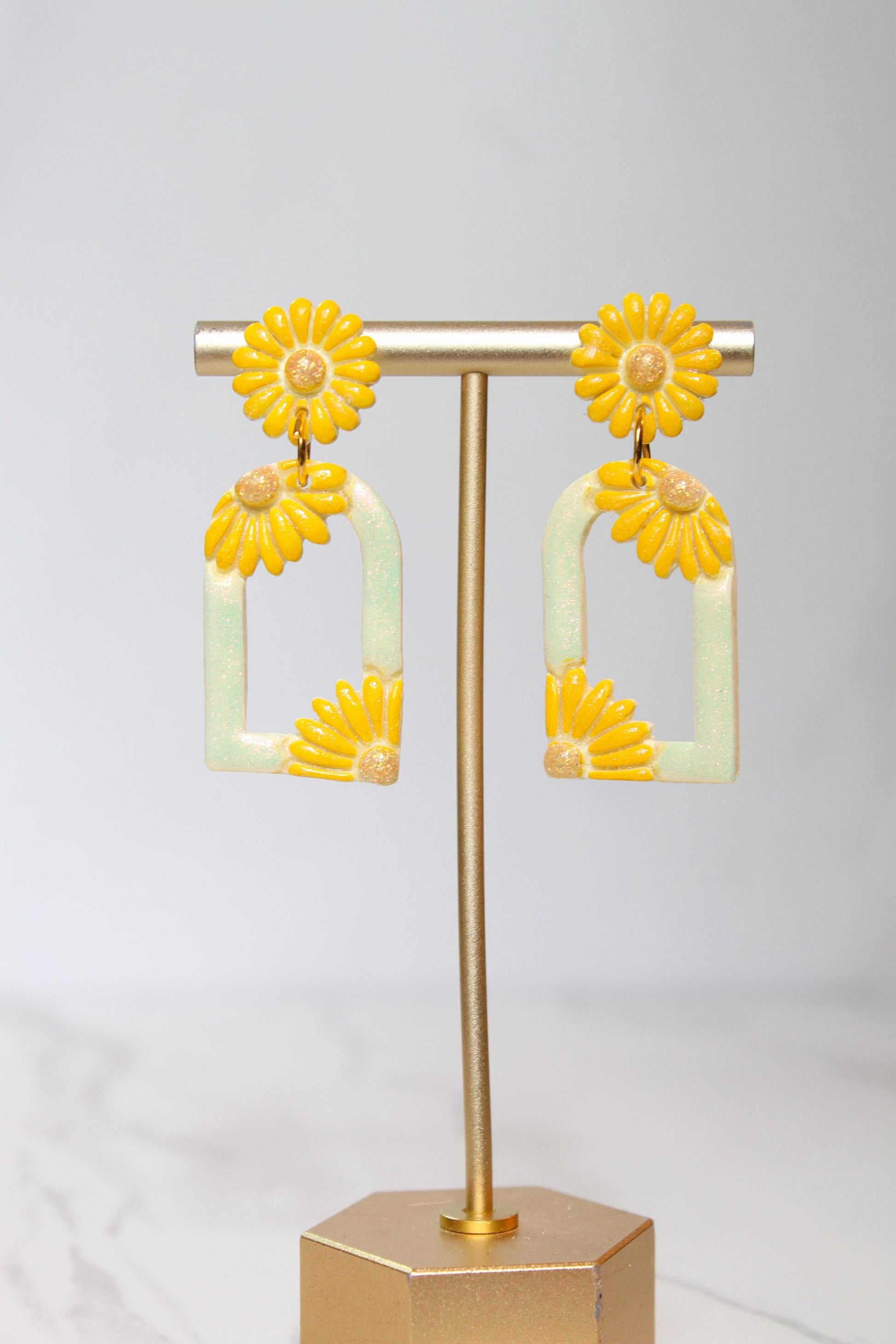 Pastel Yellow Floral Arch Statement Earrings | Iridescent Daisy Polymer Clay Dangles | Elegant Shimmer Summer Jewelry