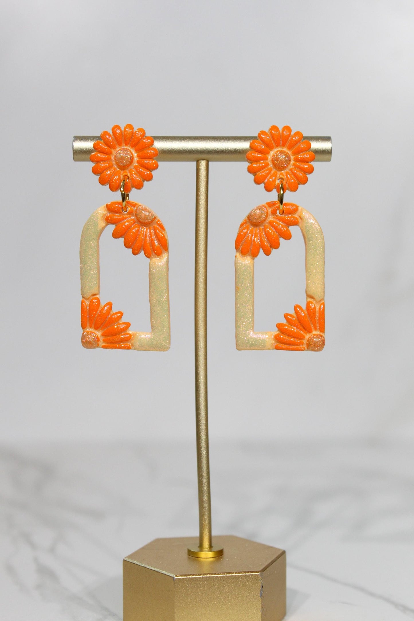 Pastel Orange Floral Arch Statement Earrings | Iridescent Daisy Polymer Clay Dangles | Elegant Shimmer Summer Jewelry