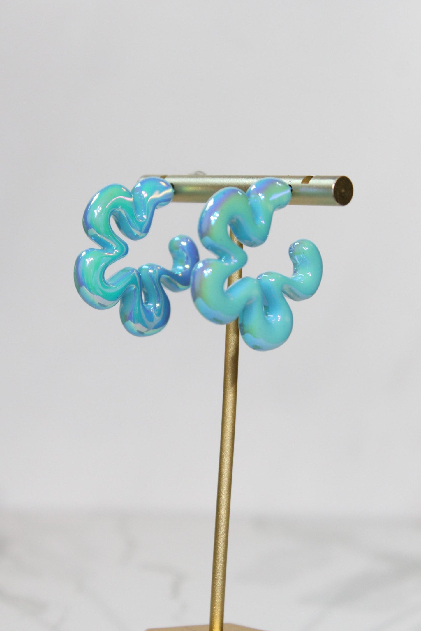 Iridescent Aqua Wavy Flower Hoop Earrings | Resin Coastal Statement Jewelry
