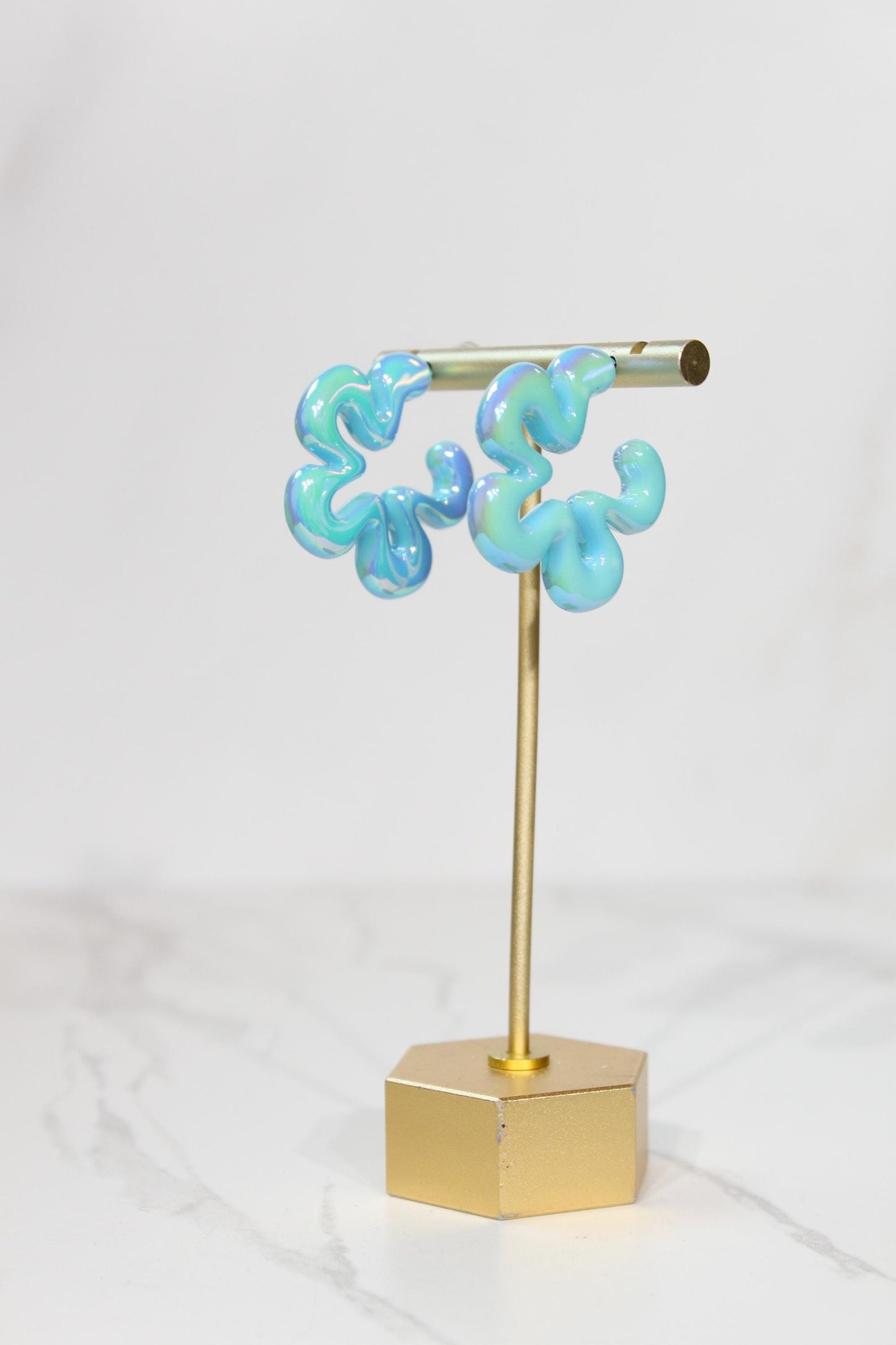 Iridescent Aqua Wavy Flower Hoop Earrings | Resin Coastal Statement Jewelry