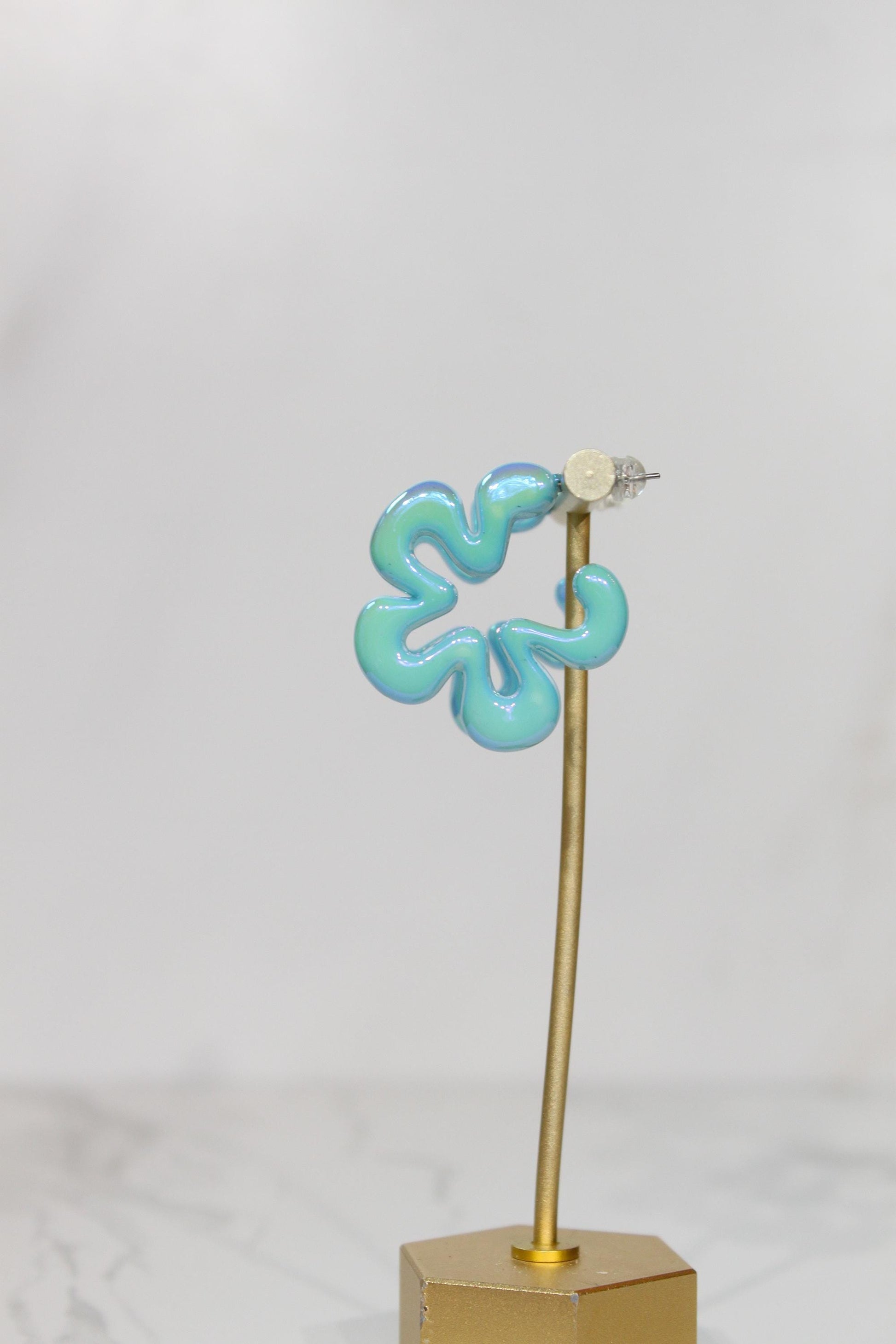 Iridescent Aqua Wavy Flower Hoop Earrings | Resin Coastal Statement Jewelry