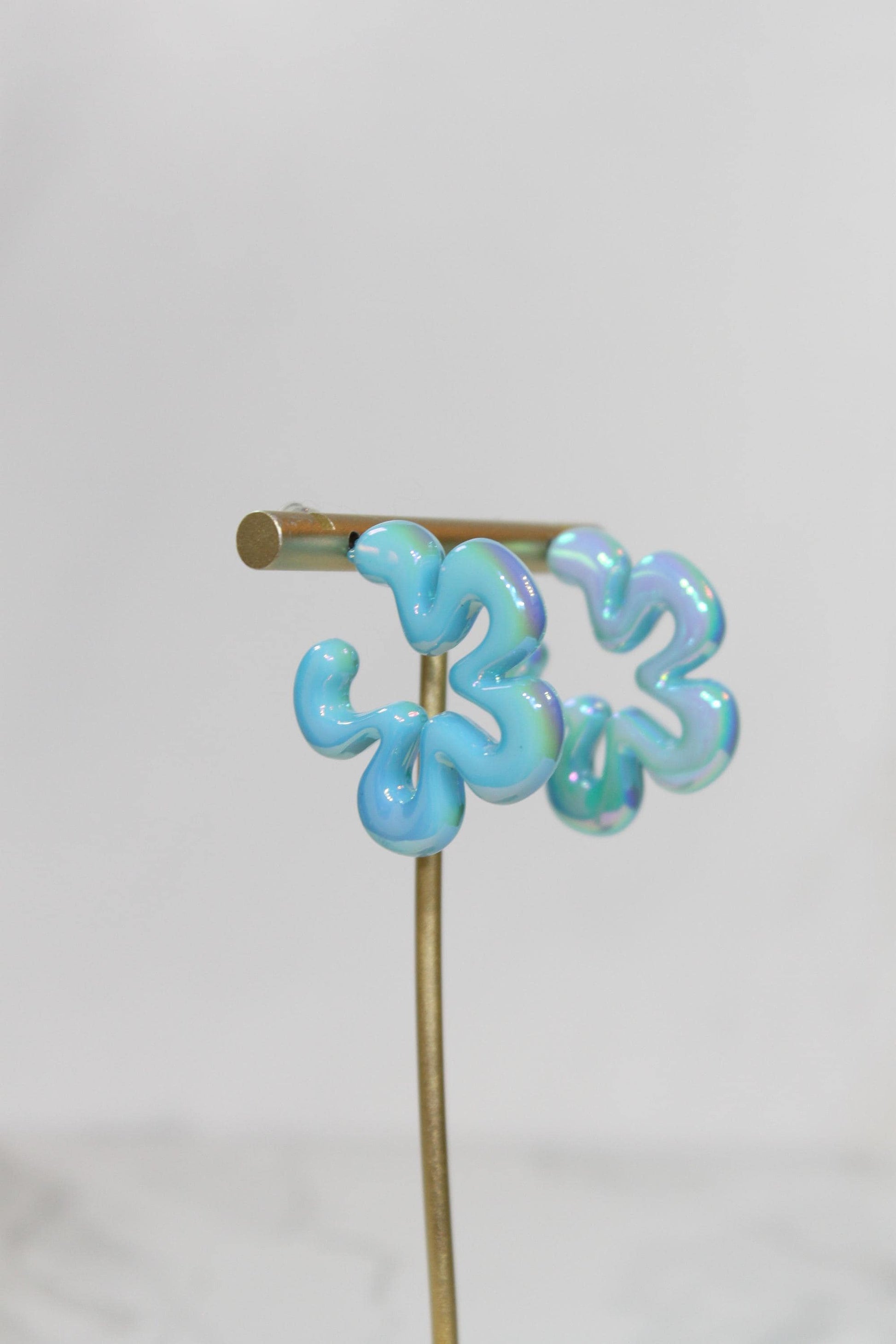 Iridescent Aqua Wavy Flower Hoop Earrings | Resin Coastal Statement Jewelry