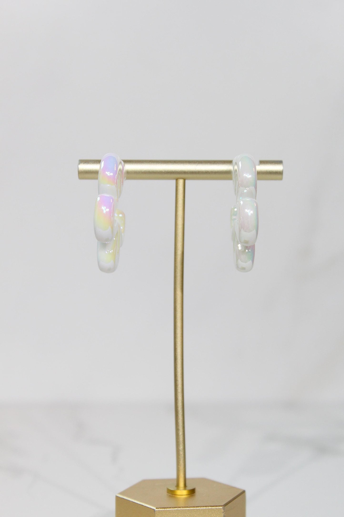 Iridescent White Wavy Flower Hoop Earrings | High-Gloss Shimmer Flower Hoops | Pastel Statement Jewelry | Modern Coastal Dangles